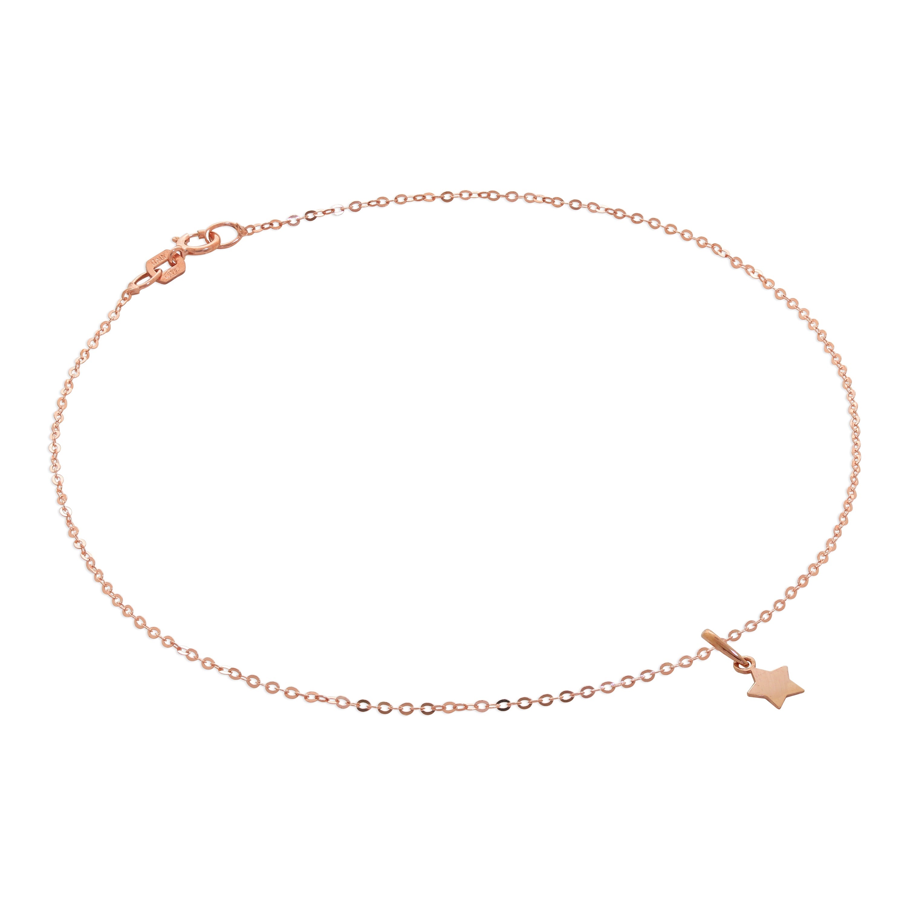 9ct Rose Gold Hammered Trace Anklet with Star Charm - 9.5 Inches
