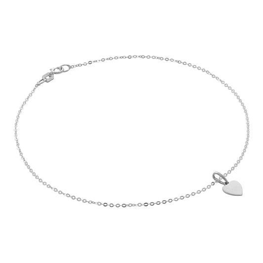 9ct White Gold Hammered Trace Anklet with Engravable Heart Charm - 9.5 Inches