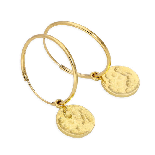 9ct Gold 10mm Charm Hoop Earrings with Hammered Round Discs - jewellerybox