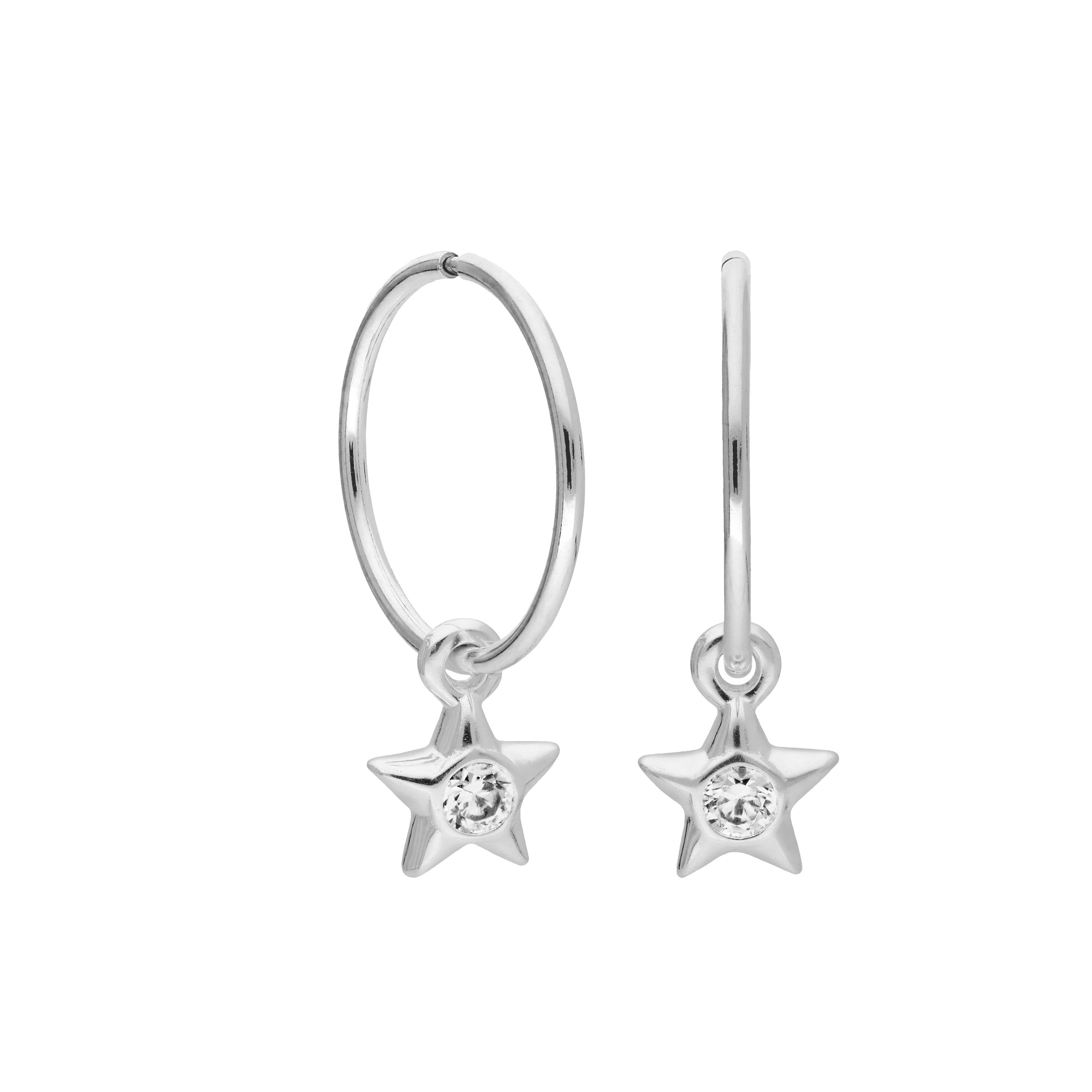 Sterling Silver CZ Crystal Birthstone Star 10 - 22mm Sleeper Hoop Earrings