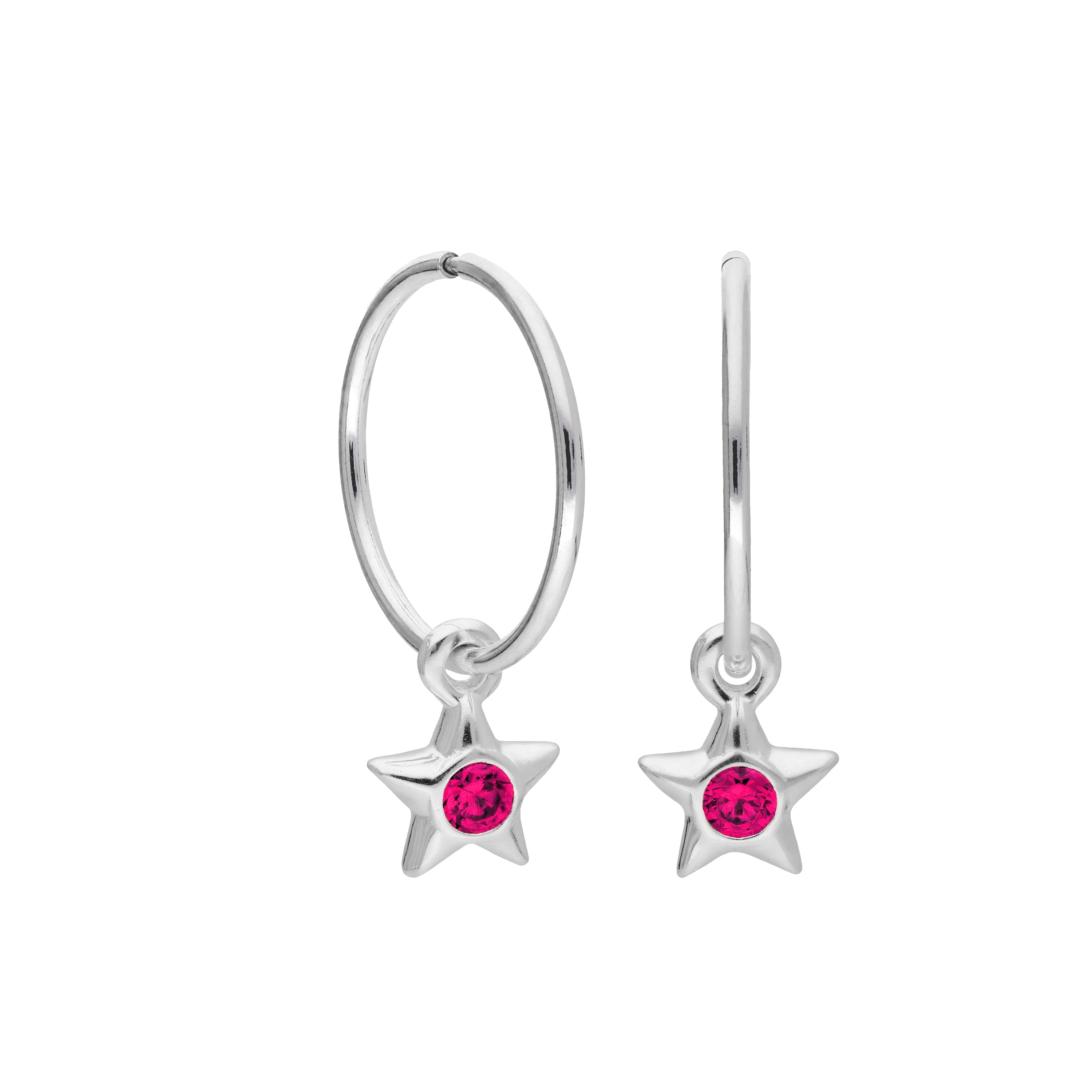 Sterling Silver CZ Crystal Birthstone Star 10 - 22mm Sleeper Hoop Earrings