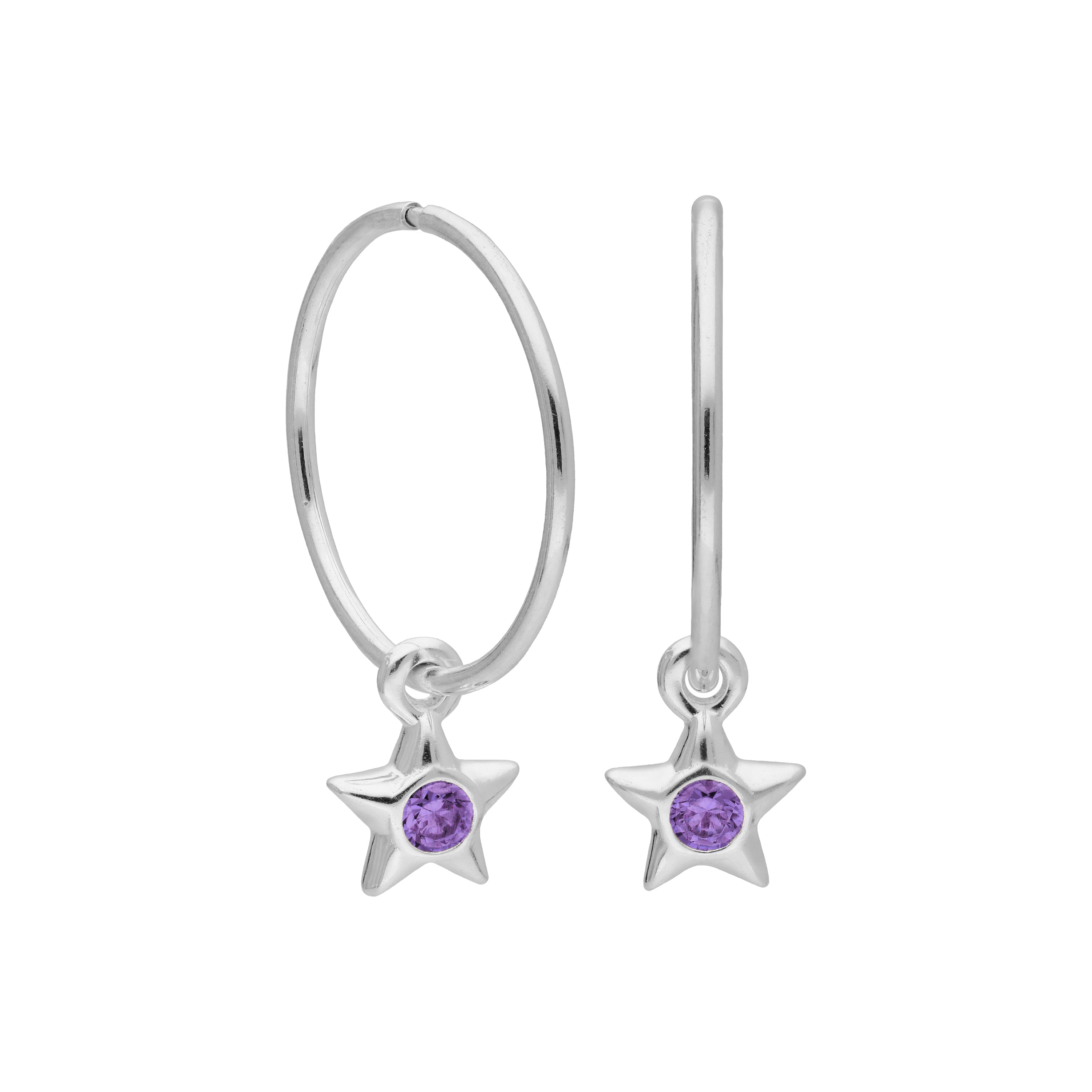 Sterling Silver CZ Crystal Birthstone Star 10 - 22mm Sleeper Hoop Earrings