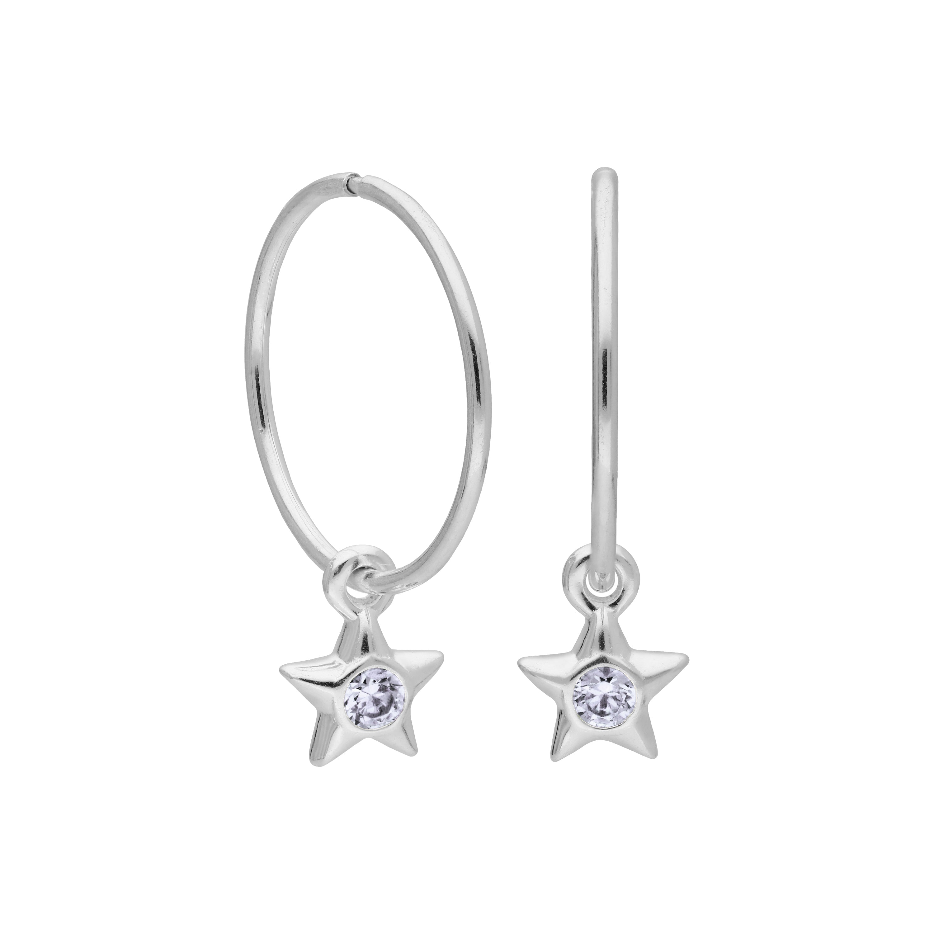 Sterling Silver CZ Crystal Birthstone Star 10 - 22mm Sleeper Hoop Earrings