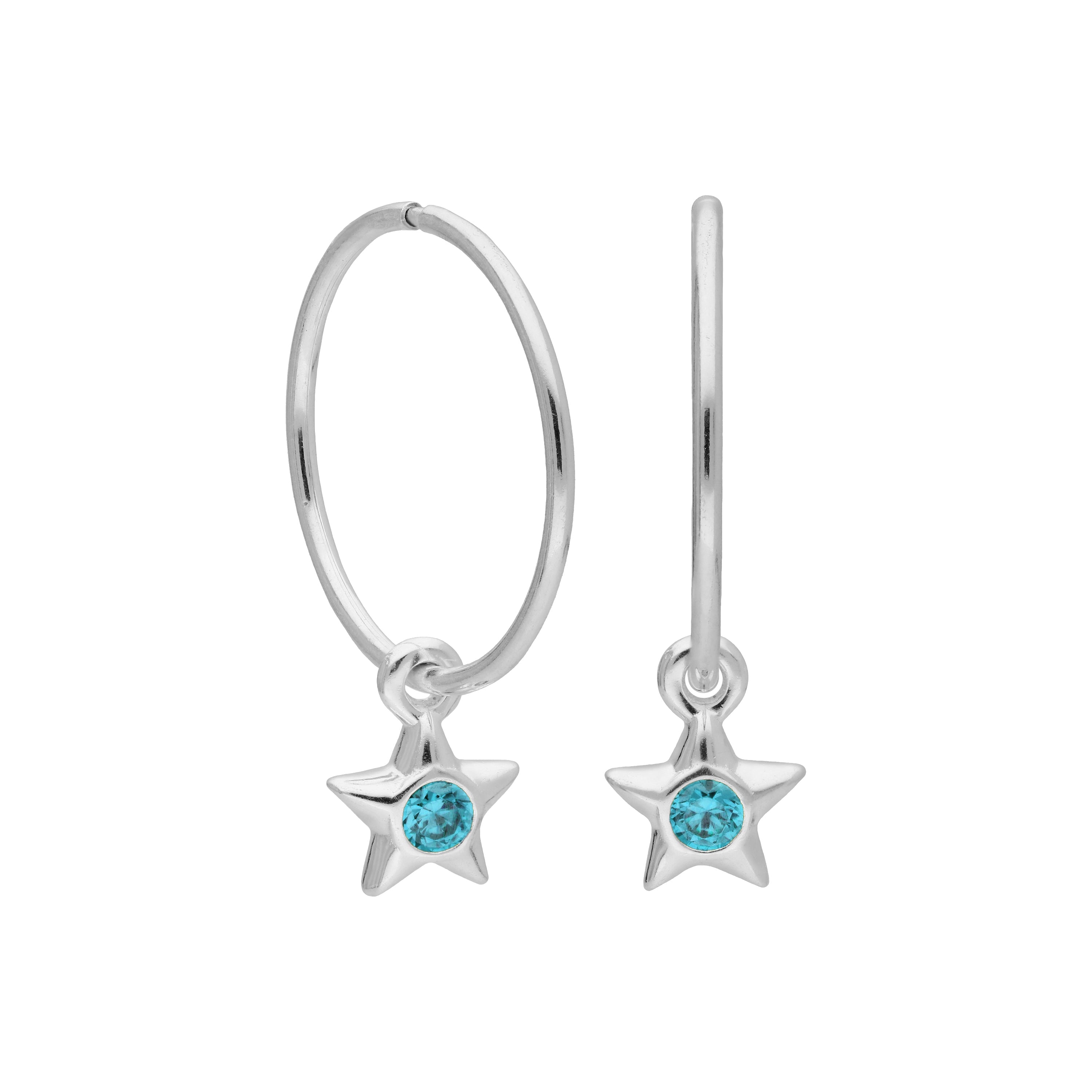 Sterling Silver CZ Crystal Birthstone Star 10 - 22mm Sleeper Hoop Earrings