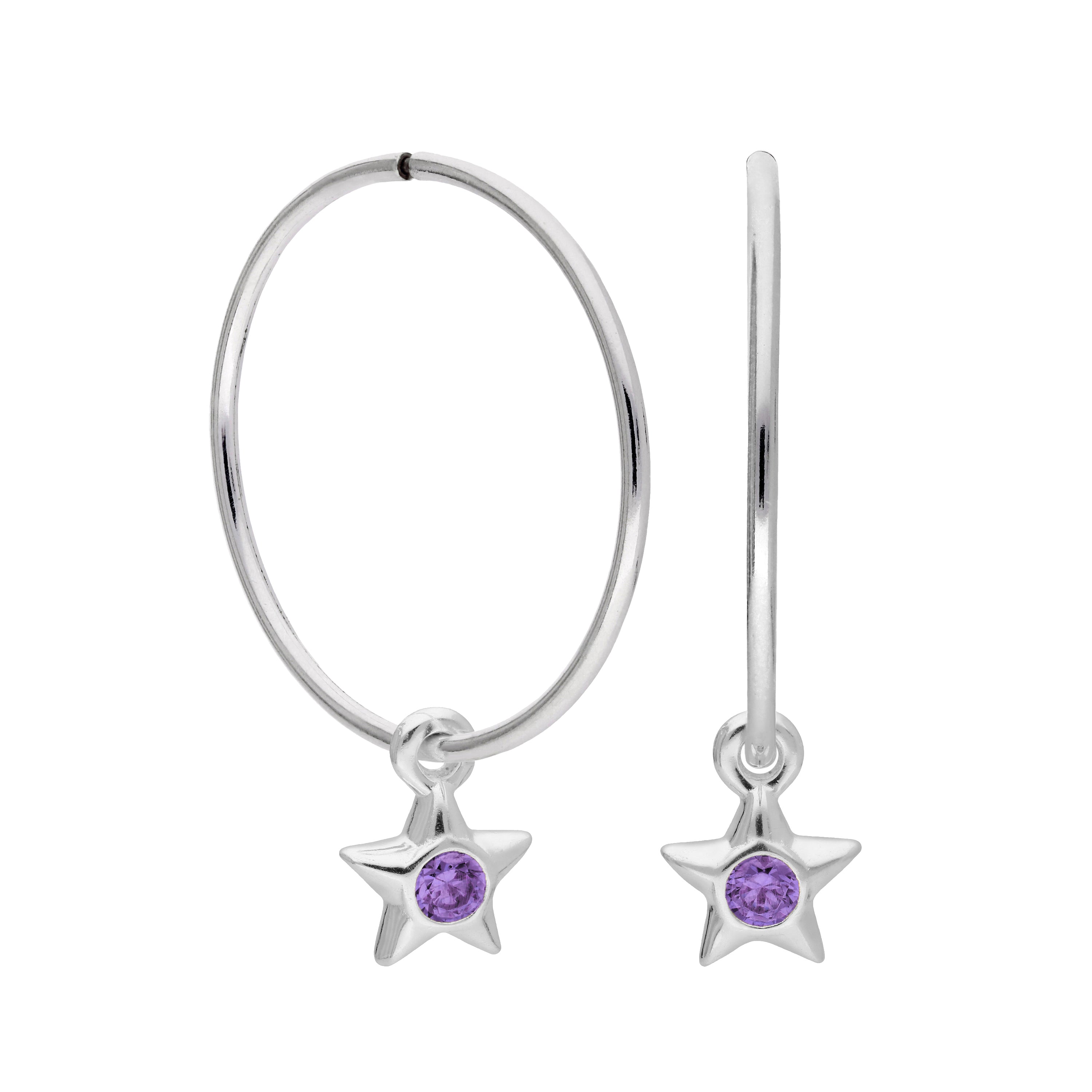Sterling Silver CZ Crystal Birthstone Star 10 - 22mm Sleeper Hoop Earrings