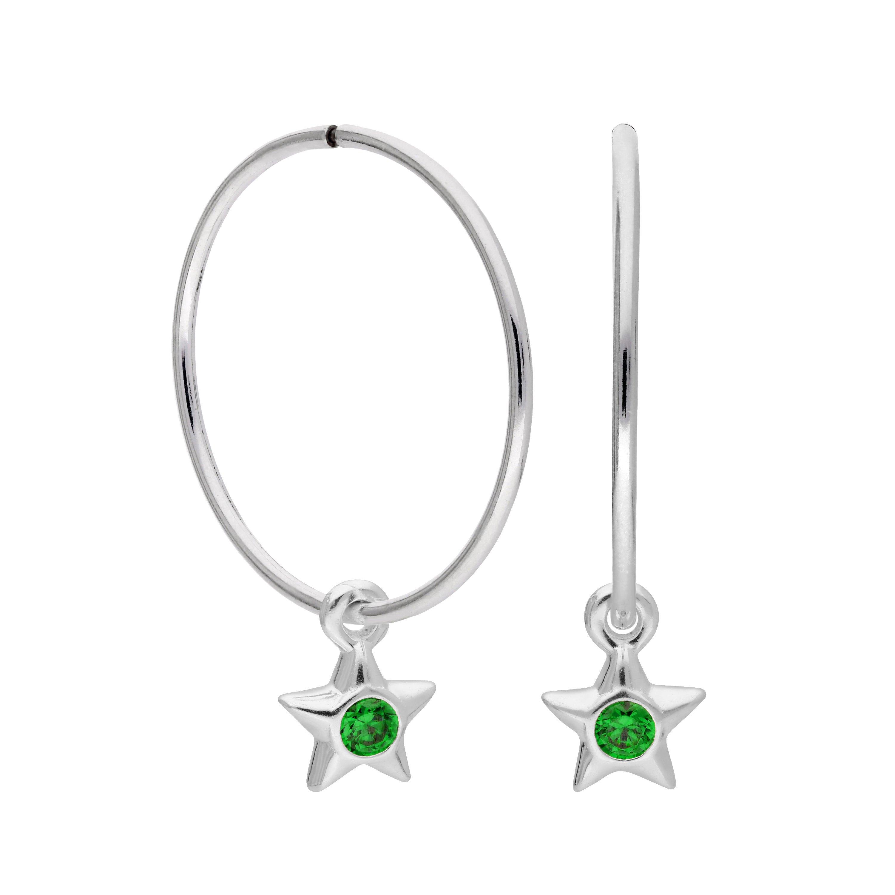 Sterling Silver CZ Crystal Birthstone Star 10 - 22mm Sleeper Hoop Earrings