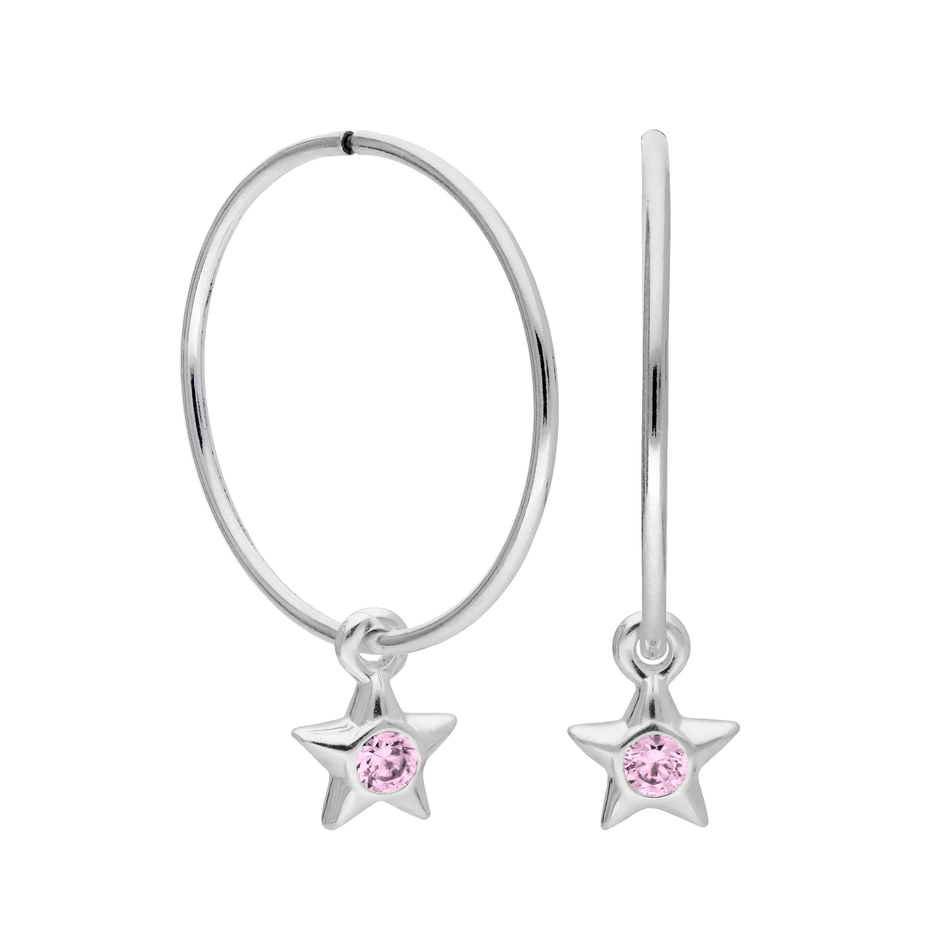 Sterling Silver CZ Crystal Birthstone Star 10 - 22mm Sleeper Hoop Earrings