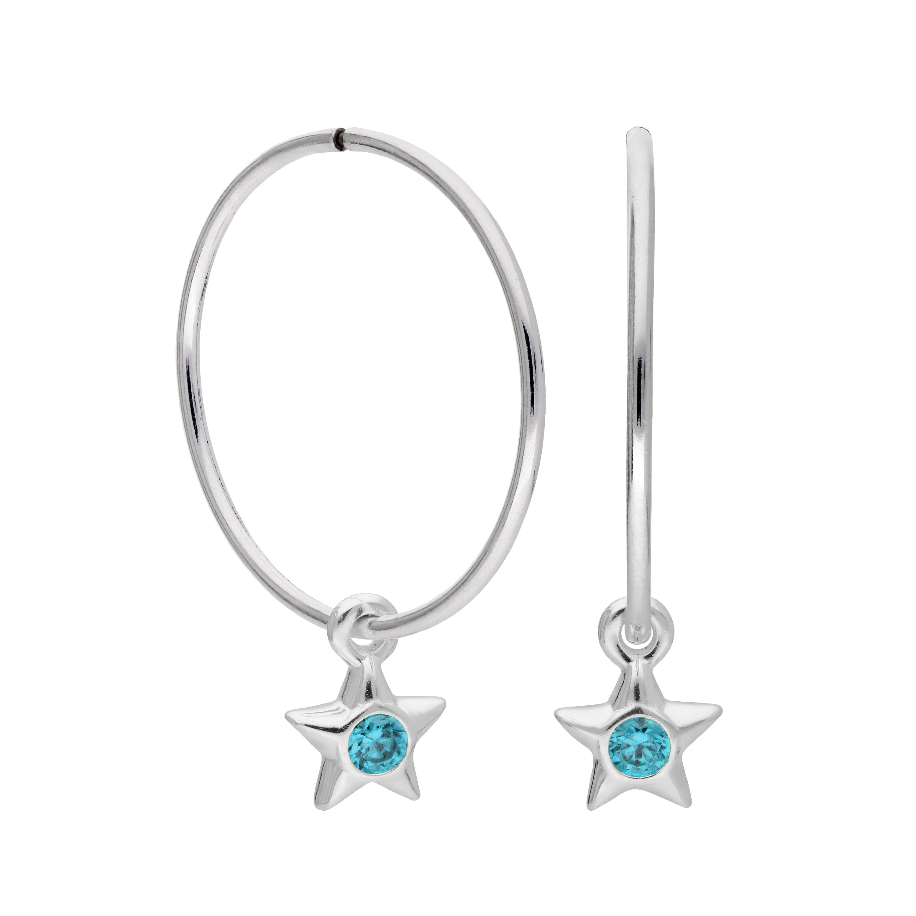 Sterling Silver CZ Crystal Birthstone Star 10 - 22mm Sleeper Hoop Earrings