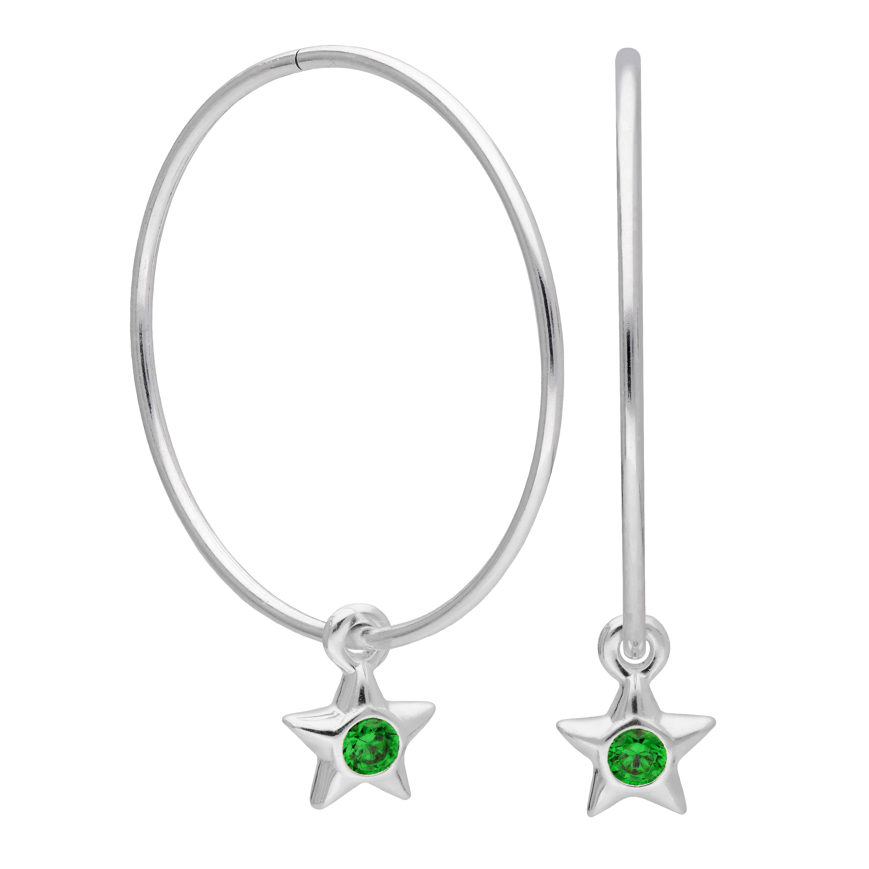Sterling Silver CZ Crystal Birthstone Star 10 - 22mm Sleeper Hoop Earrings