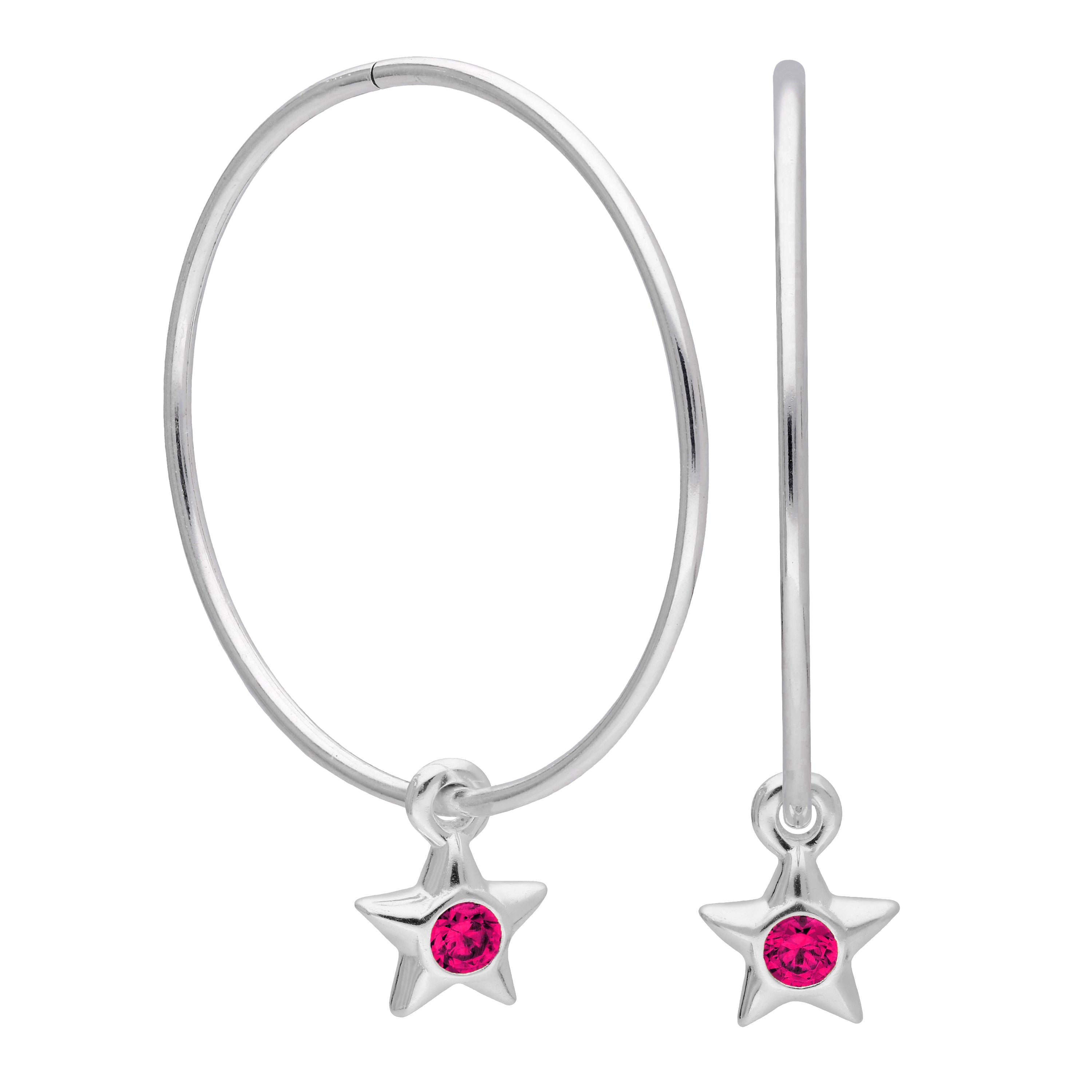 Sterling Silver CZ Crystal Birthstone Star 10 - 22mm Sleeper Hoop Earrings