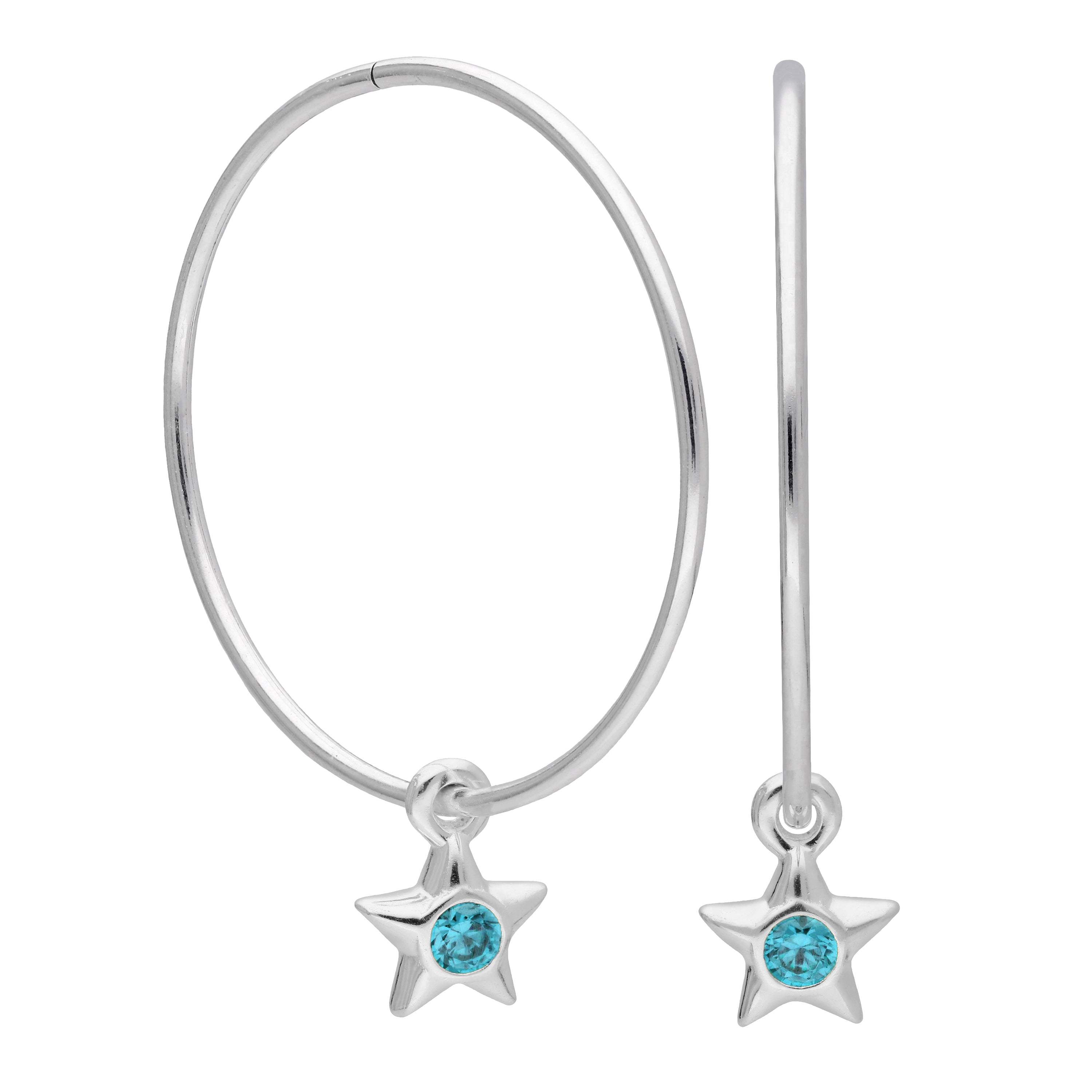 Sterling Silver CZ Crystal Birthstone Star 10 - 22mm Sleeper Hoop Earrings