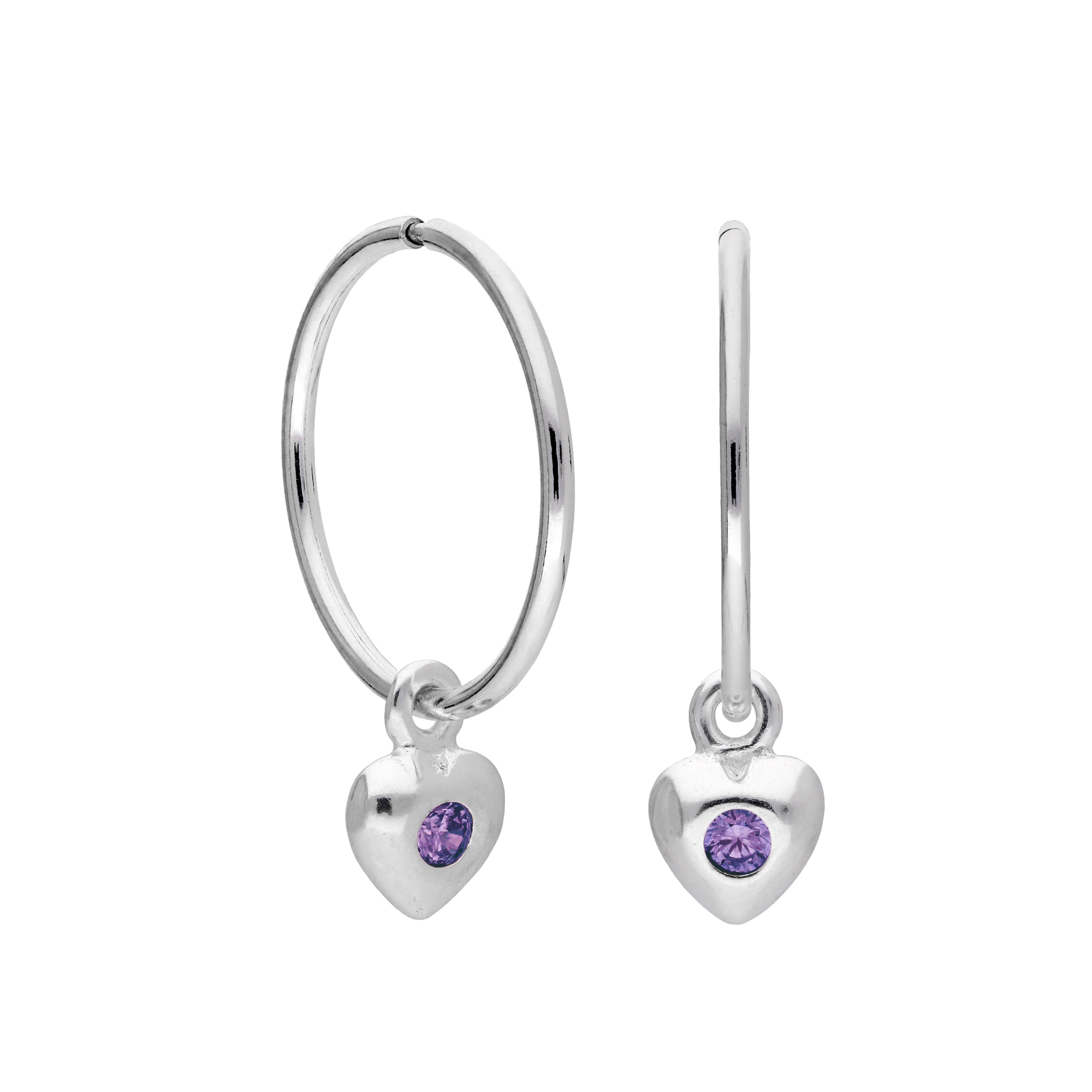 Sterling Silver CZ Crystal Birthstone Heart 10 - 22mm Sleeper Hoop Earrings