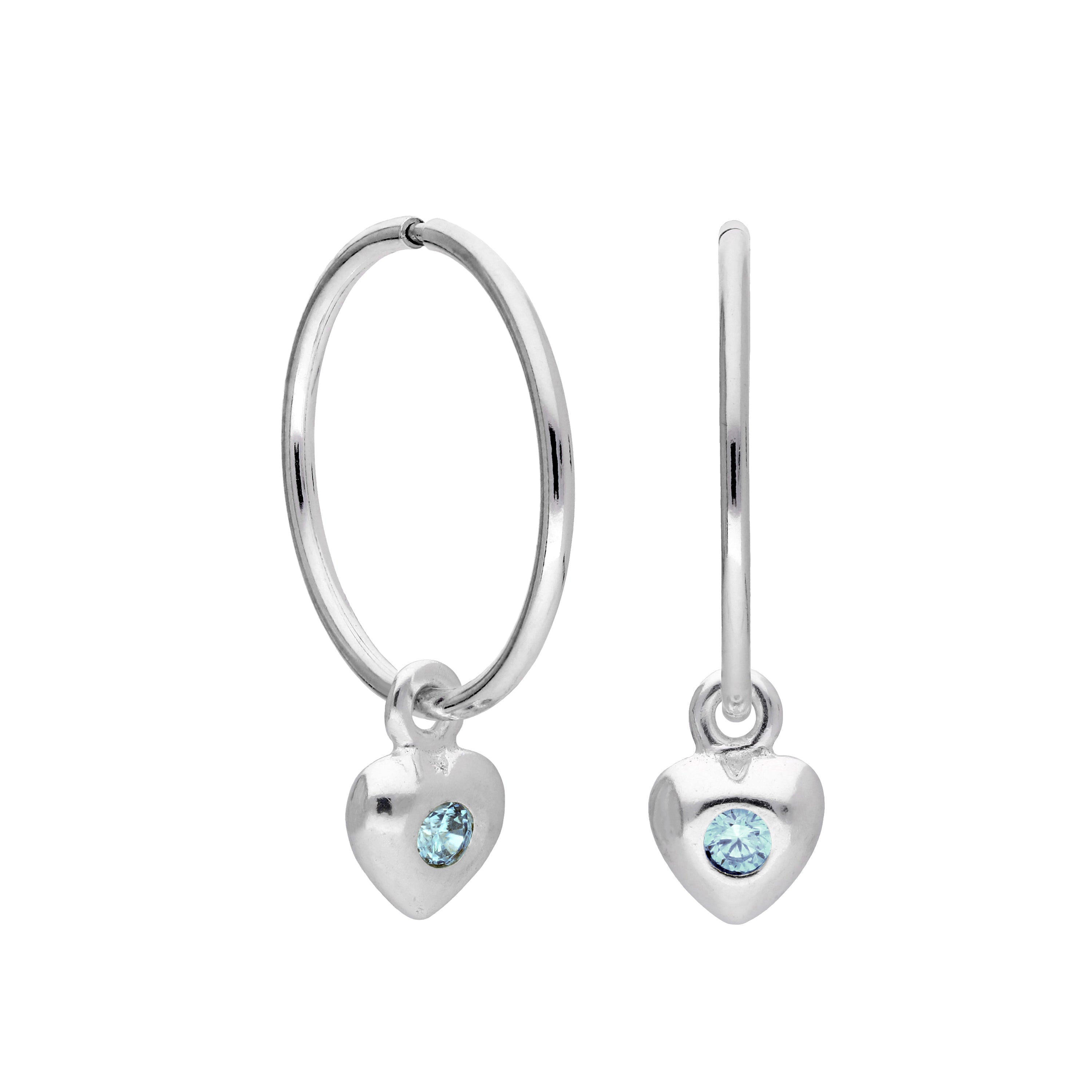 Sterling Silver CZ Crystal Birthstone Heart 10 - 22mm Sleeper Hoop Earrings