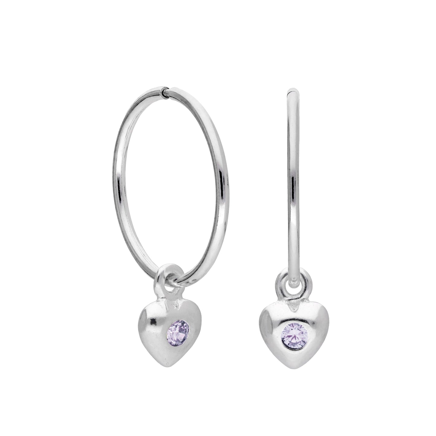 Sterling Silver CZ Crystal Birthstone Heart 10 - 22mm Sleeper Hoop Earrings