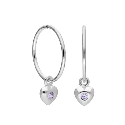 Sterling Silver CZ Crystal Birthstone Heart 10 - 22mm Sleeper Hoop Earrings