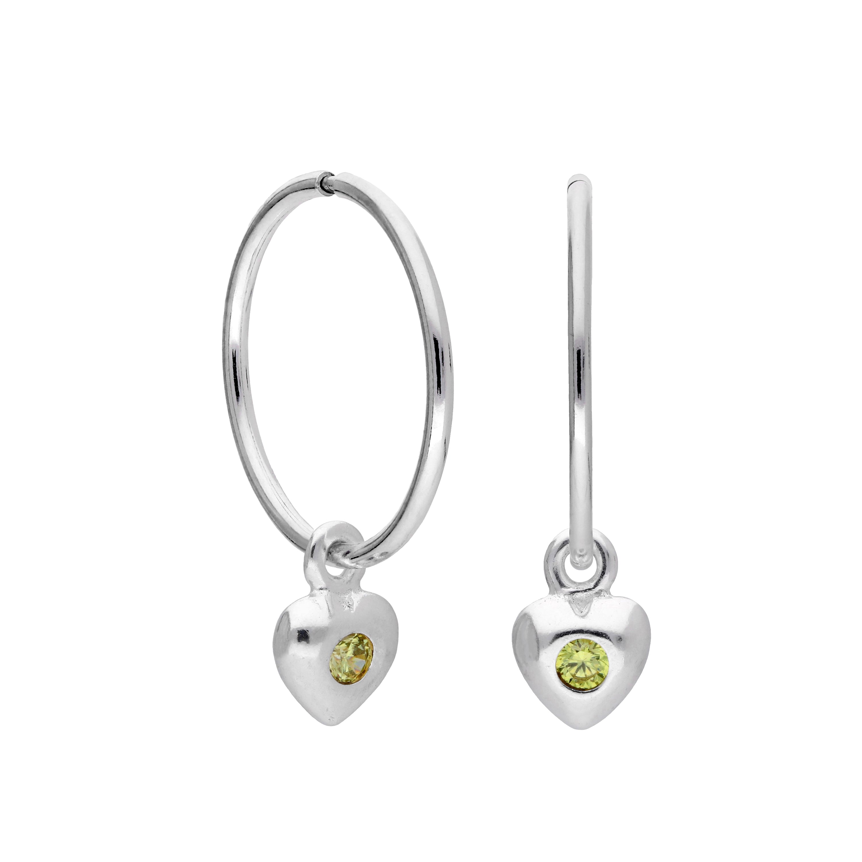 Sterling Silver CZ Crystal Birthstone Heart 10 - 22mm Sleeper Hoop Earrings