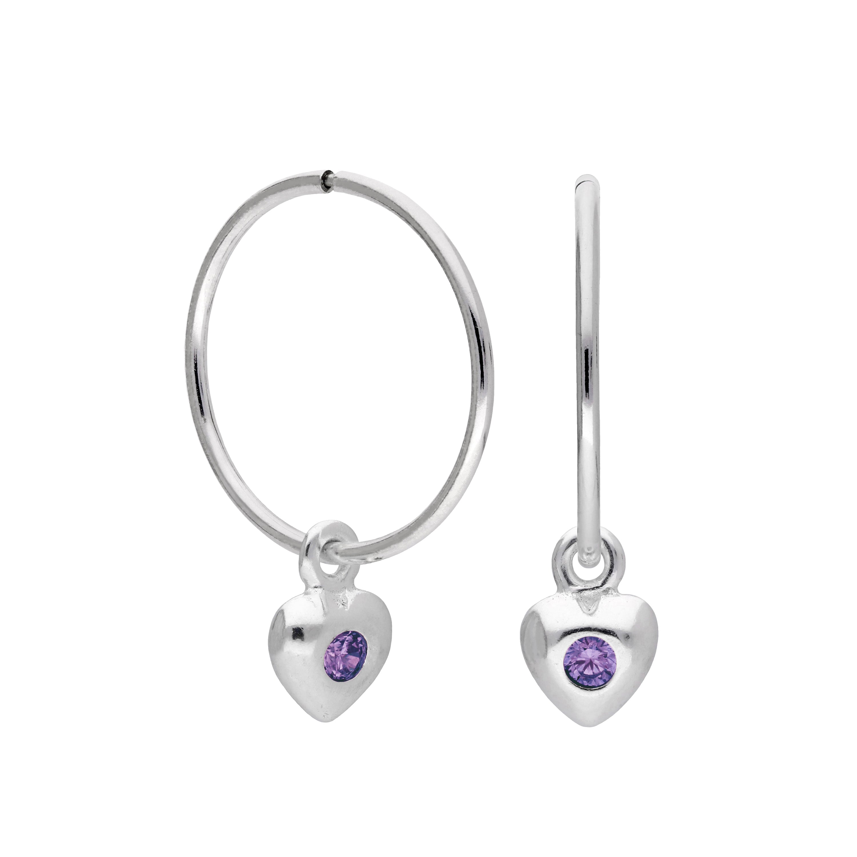 Sterling Silver CZ Crystal Birthstone Heart 10 - 22mm Sleeper Hoop Earrings
