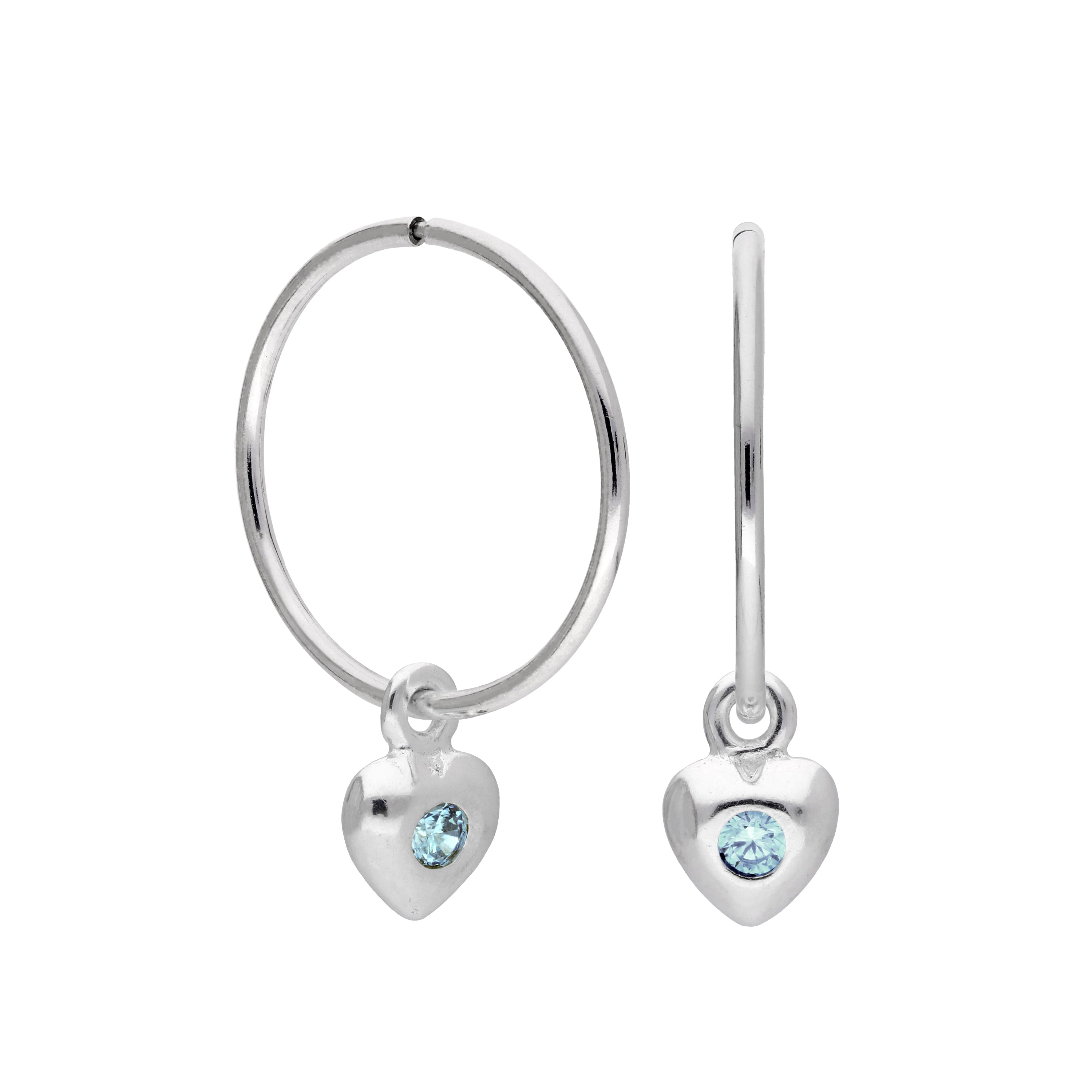 Sterling Silver CZ Crystal Birthstone Heart 10 - 22mm Sleeper Hoop Earrings