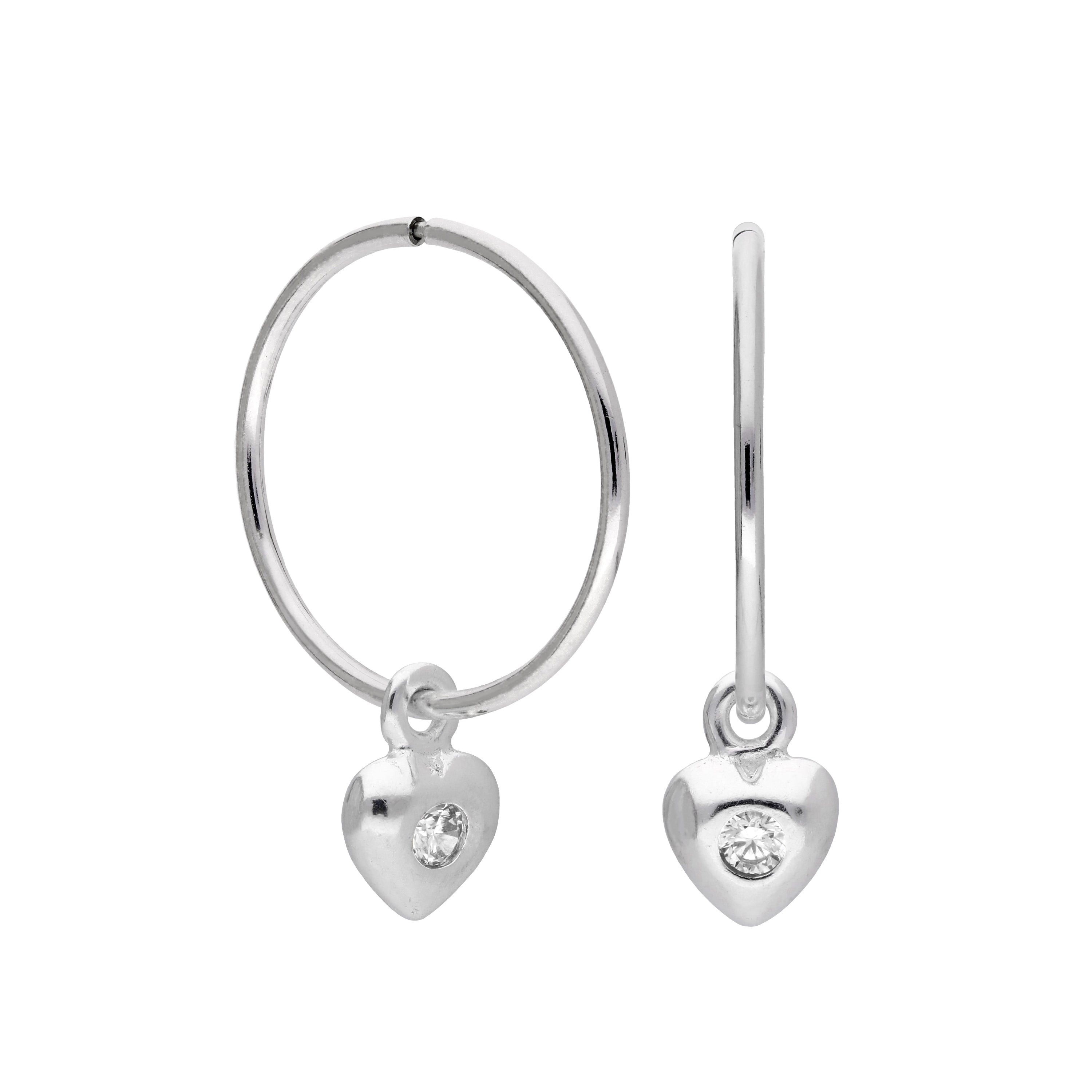 Sterling Silver CZ Crystal Birthstone Heart 10 - 22mm Sleeper Hoop Earrings