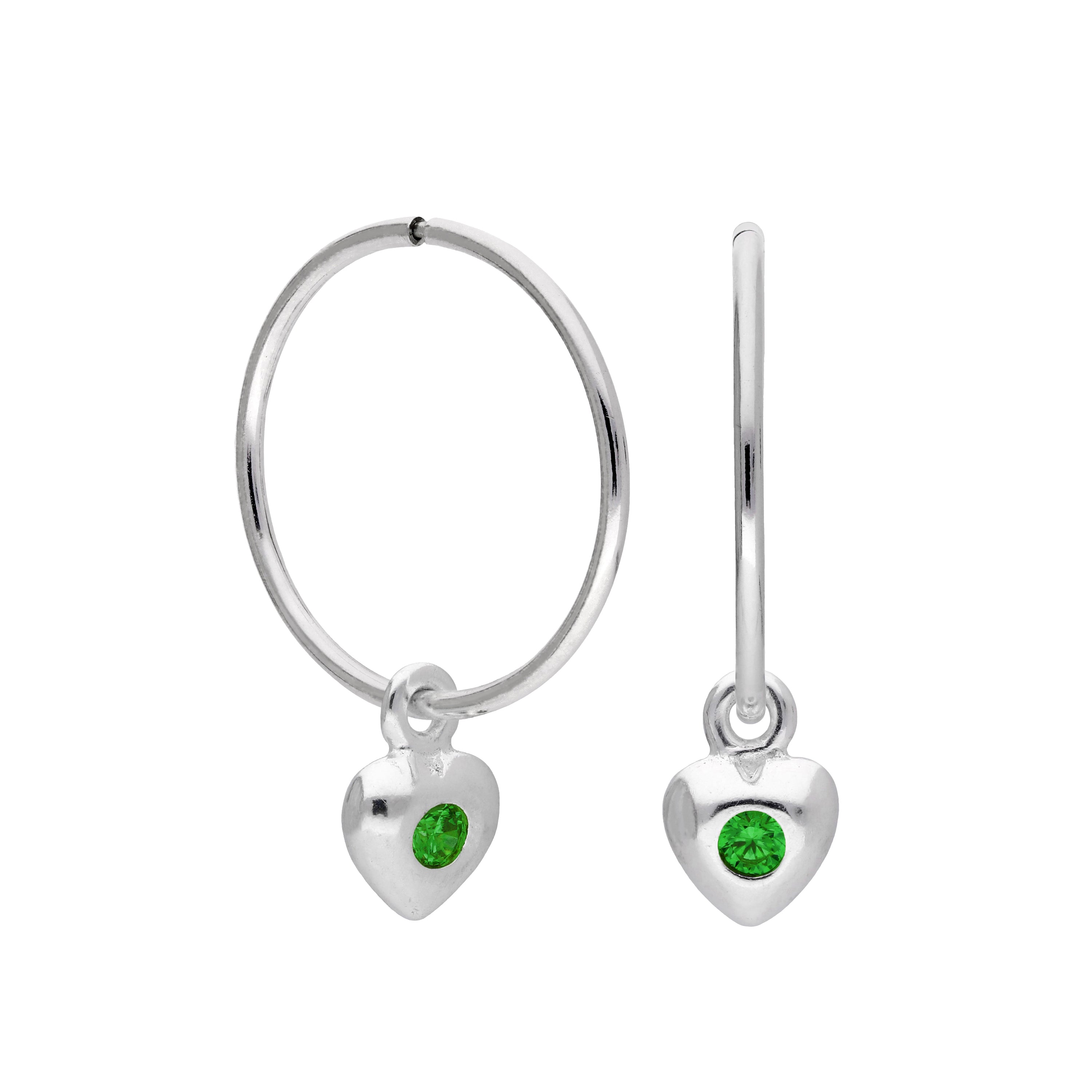 Sterling Silver CZ Crystal Birthstone Heart 10 - 22mm Sleeper Hoop Earrings
