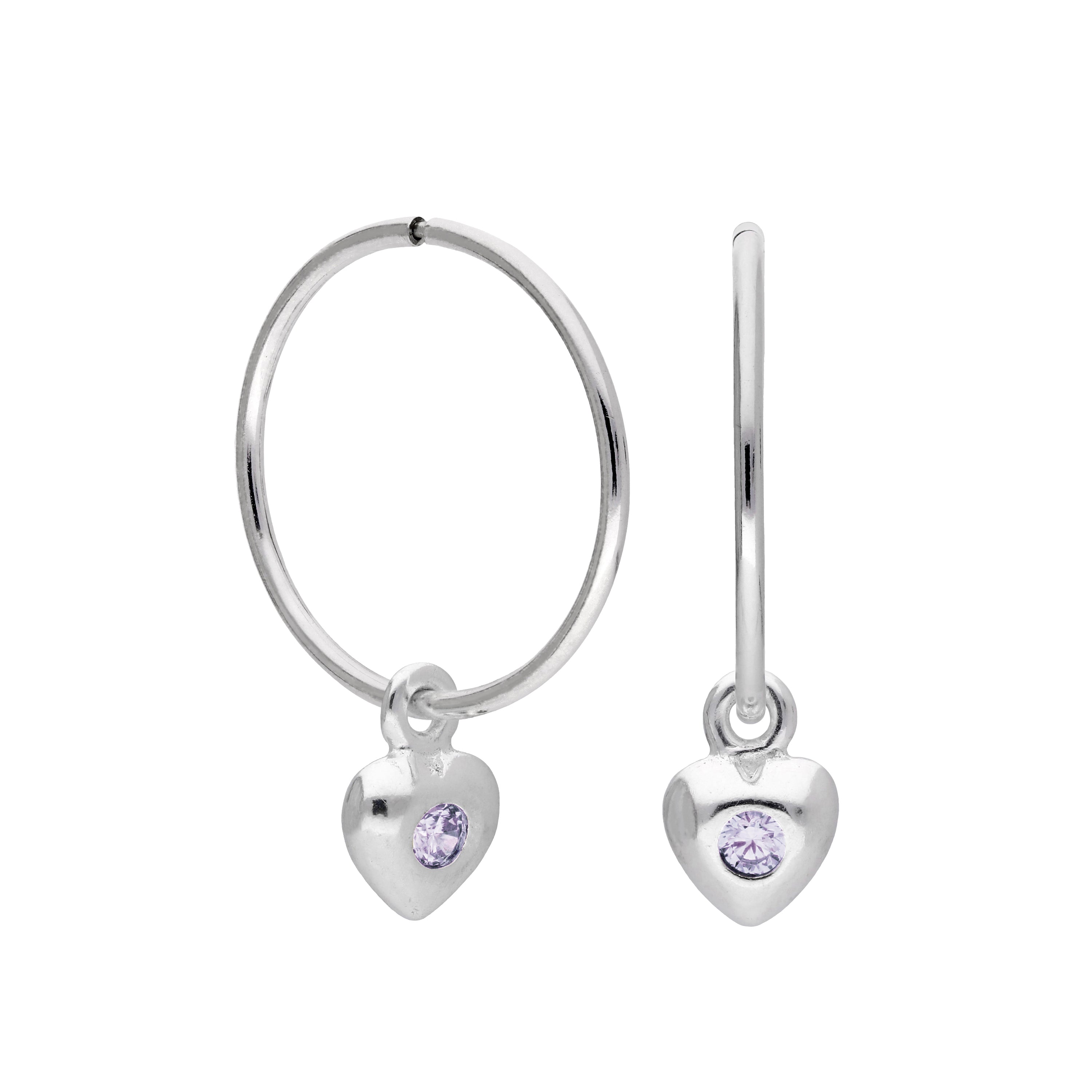 Sterling Silver CZ Crystal Birthstone Heart 10 - 22mm Sleeper Hoop Earrings