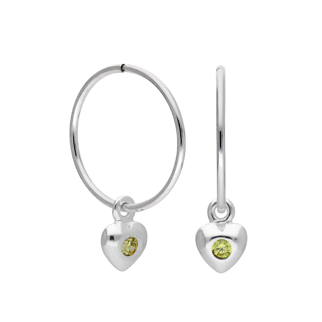 Sterling Silver CZ Crystal Birthstone Heart 10 - 22mm Sleeper Hoop Earrings