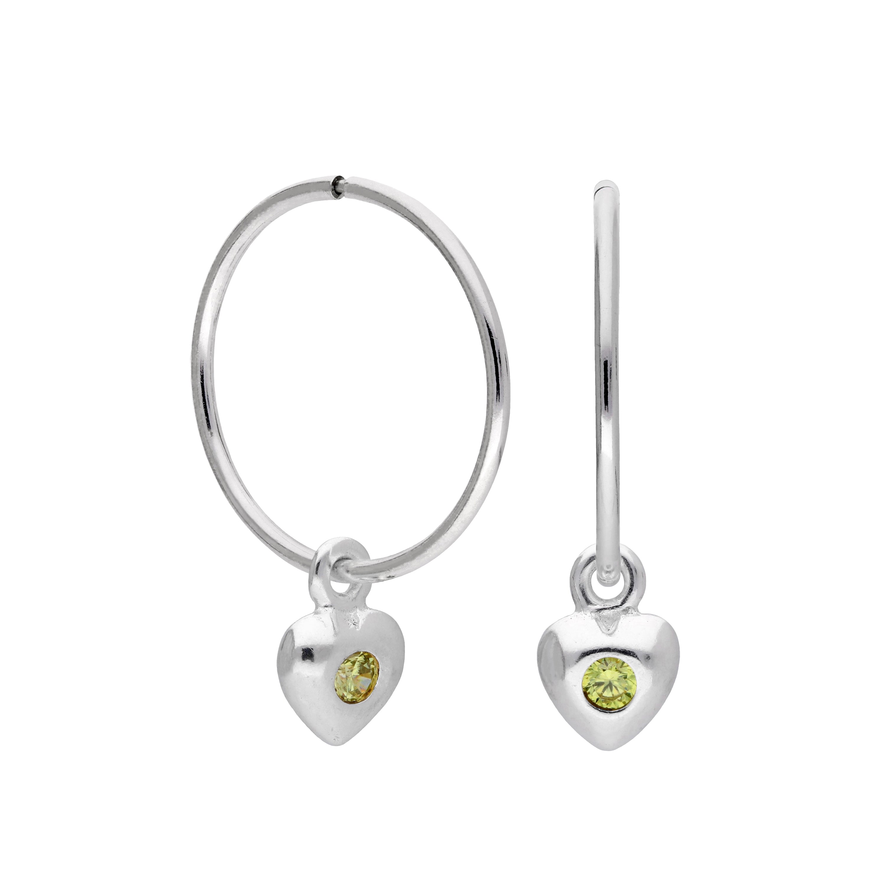 Sterling Silver CZ Crystal Birthstone Heart 10 - 22mm Sleeper Hoop Earrings