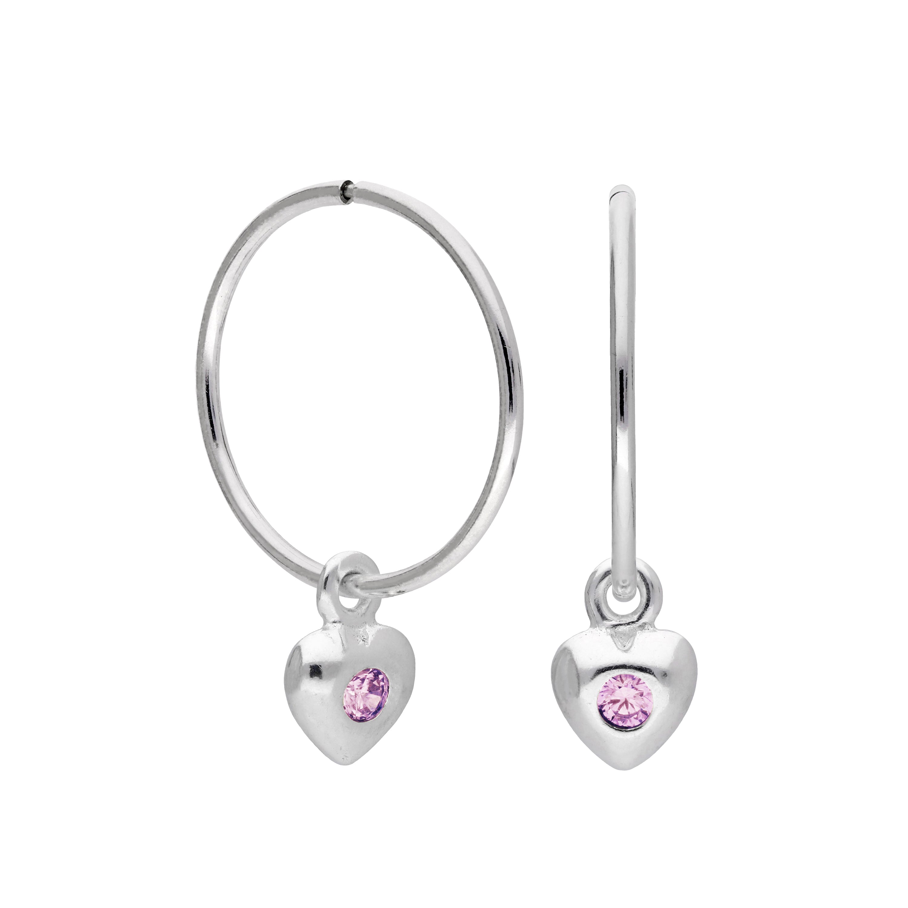 Sterling Silver CZ Crystal Birthstone Heart 10 - 22mm Sleeper Hoop Earrings