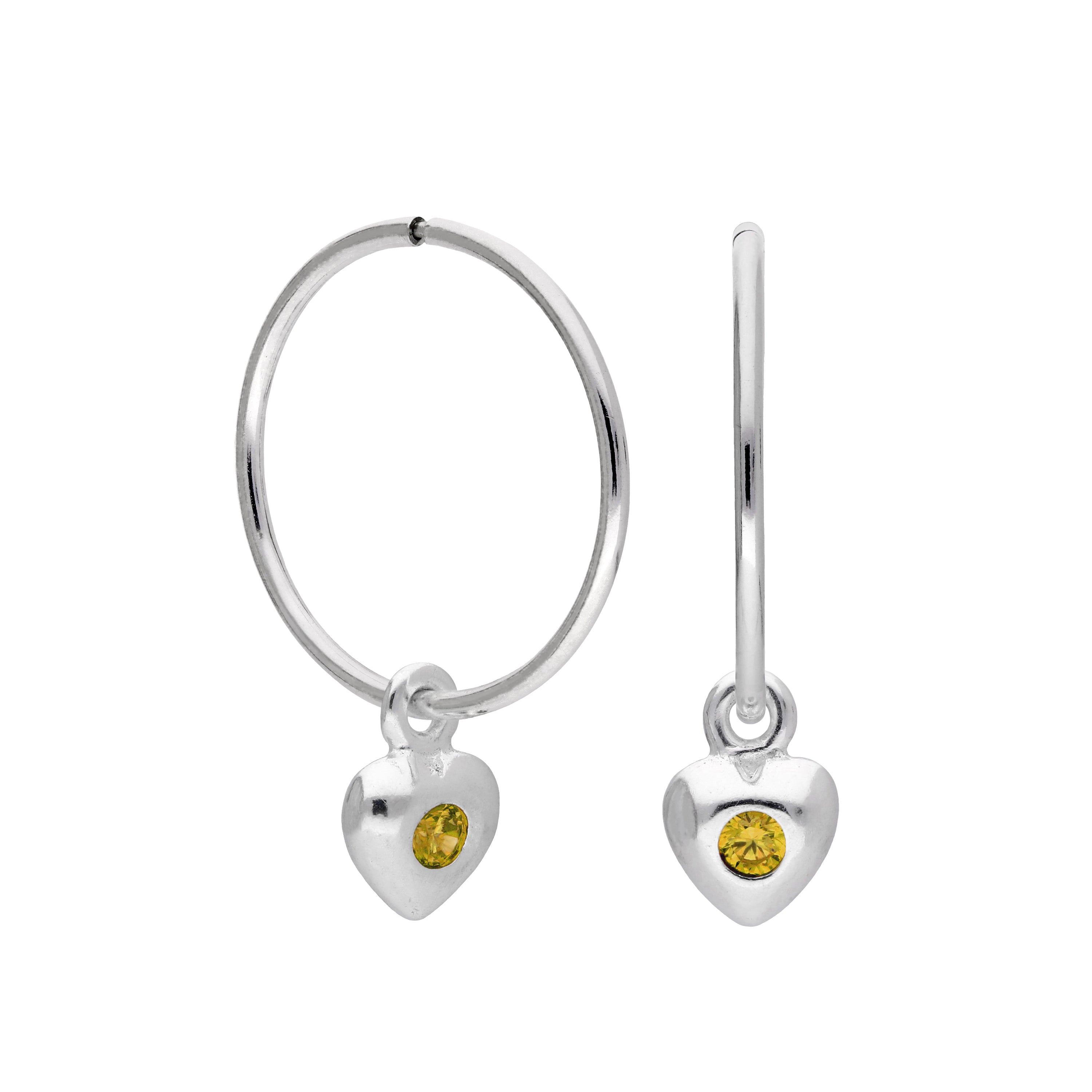 Sterling Silver CZ Crystal Birthstone Heart 10 - 22mm Sleeper Hoop Earrings