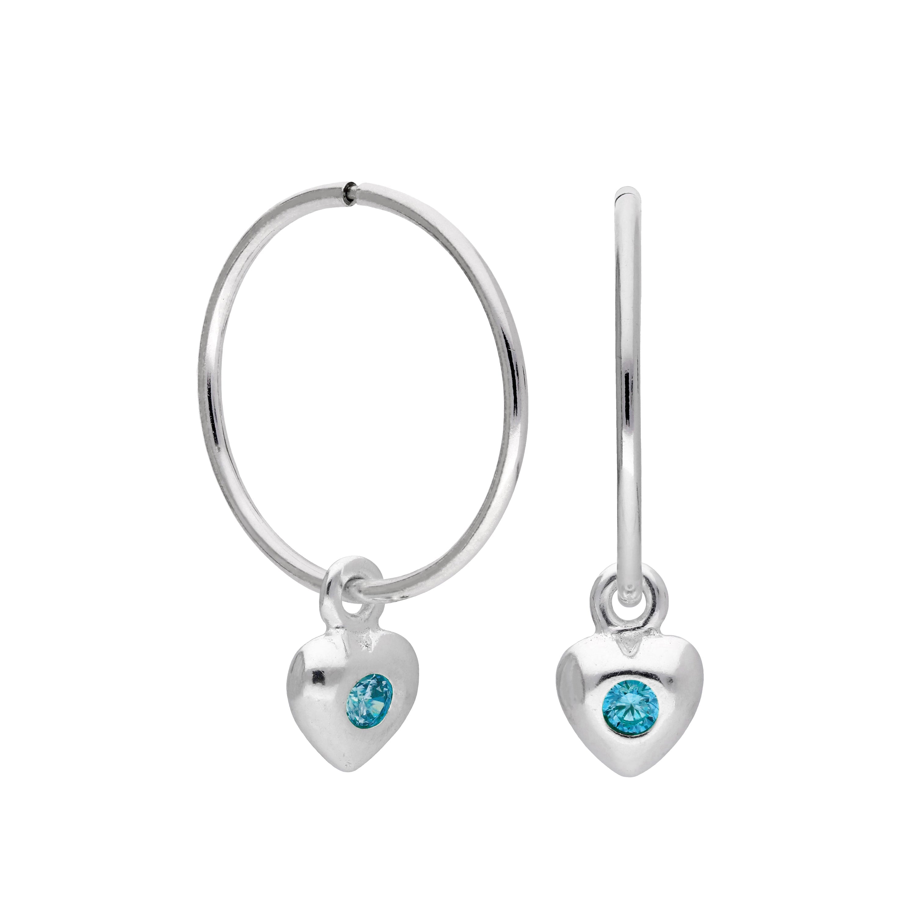 Sterling Silver CZ Crystal Birthstone Heart 10 - 22mm Sleeper Hoop Earrings