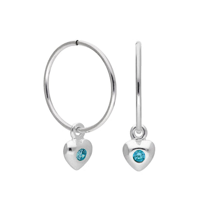 Sterling Silver CZ Crystal Birthstone Heart 10 - 22mm Sleeper Hoop Earrings