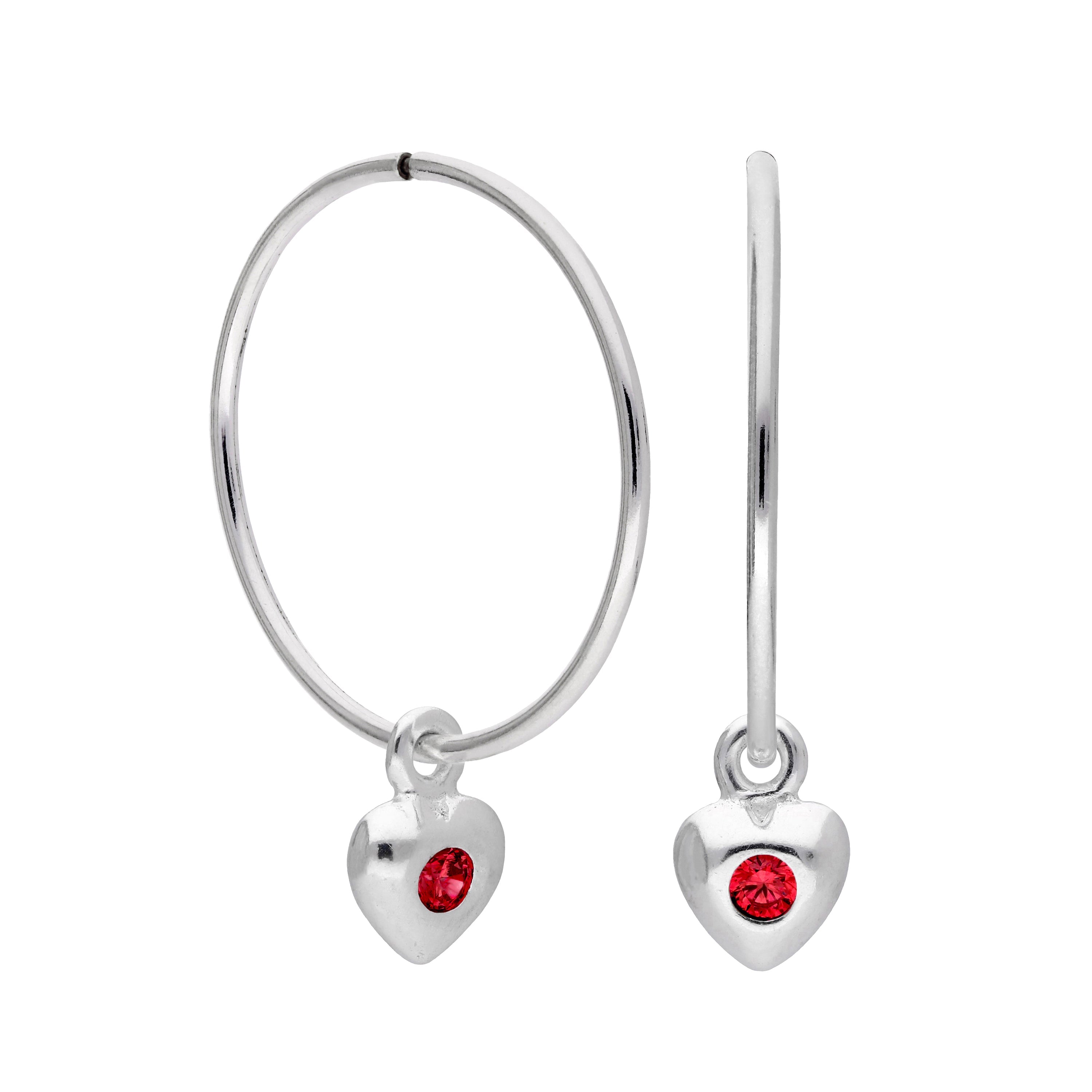 Sterling Silver CZ Crystal Birthstone Heart 10 - 22mm Sleeper Hoop Earrings