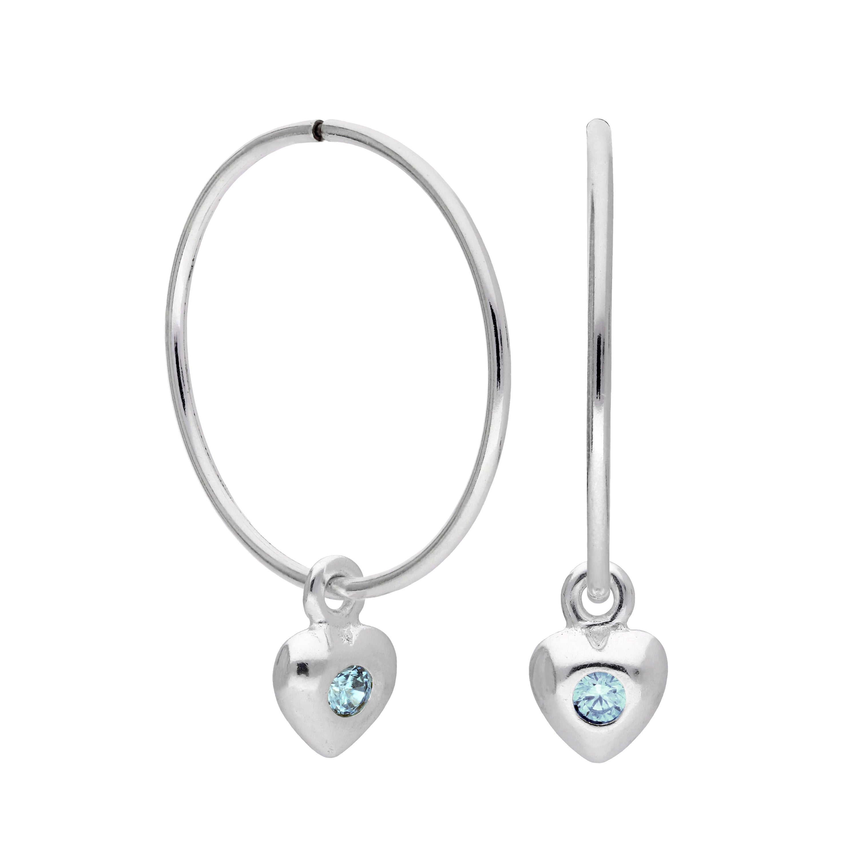 Sterling Silver CZ Crystal Birthstone Heart 10 - 22mm Sleeper Hoop Earrings