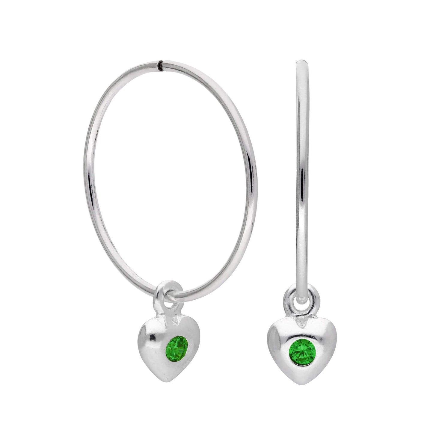 Sterling Silver CZ Crystal Birthstone Heart 10 - 22mm Sleeper Hoop Earrings
