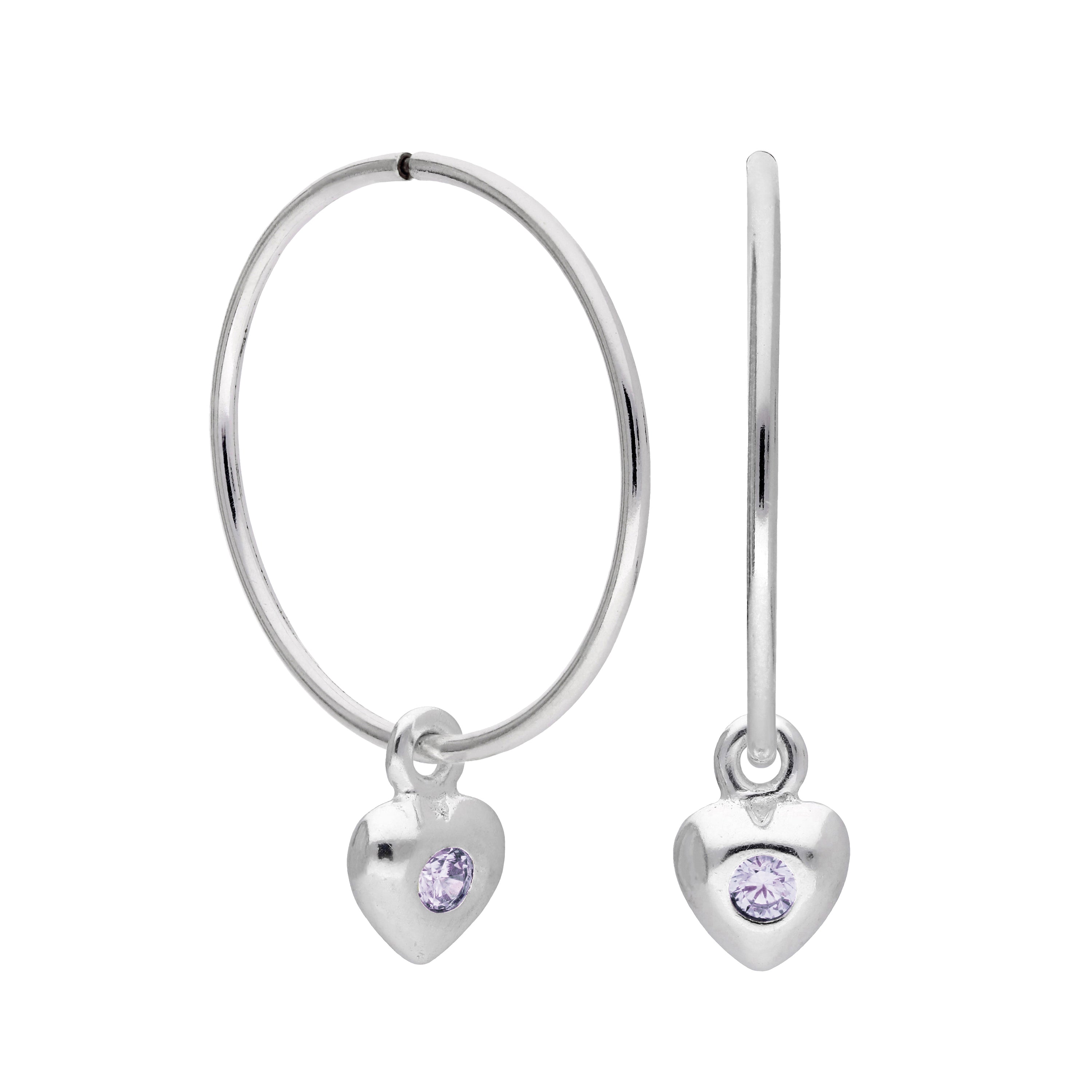 Sterling Silver CZ Crystal Birthstone Heart 10 - 22mm Sleeper Hoop Earrings