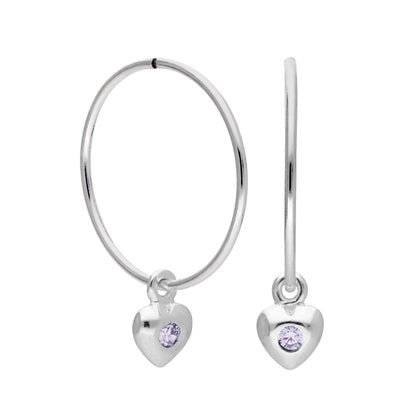 Sterling Silver CZ Crystal Birthstone Heart 10 - 22mm Sleeper Hoop Earrings