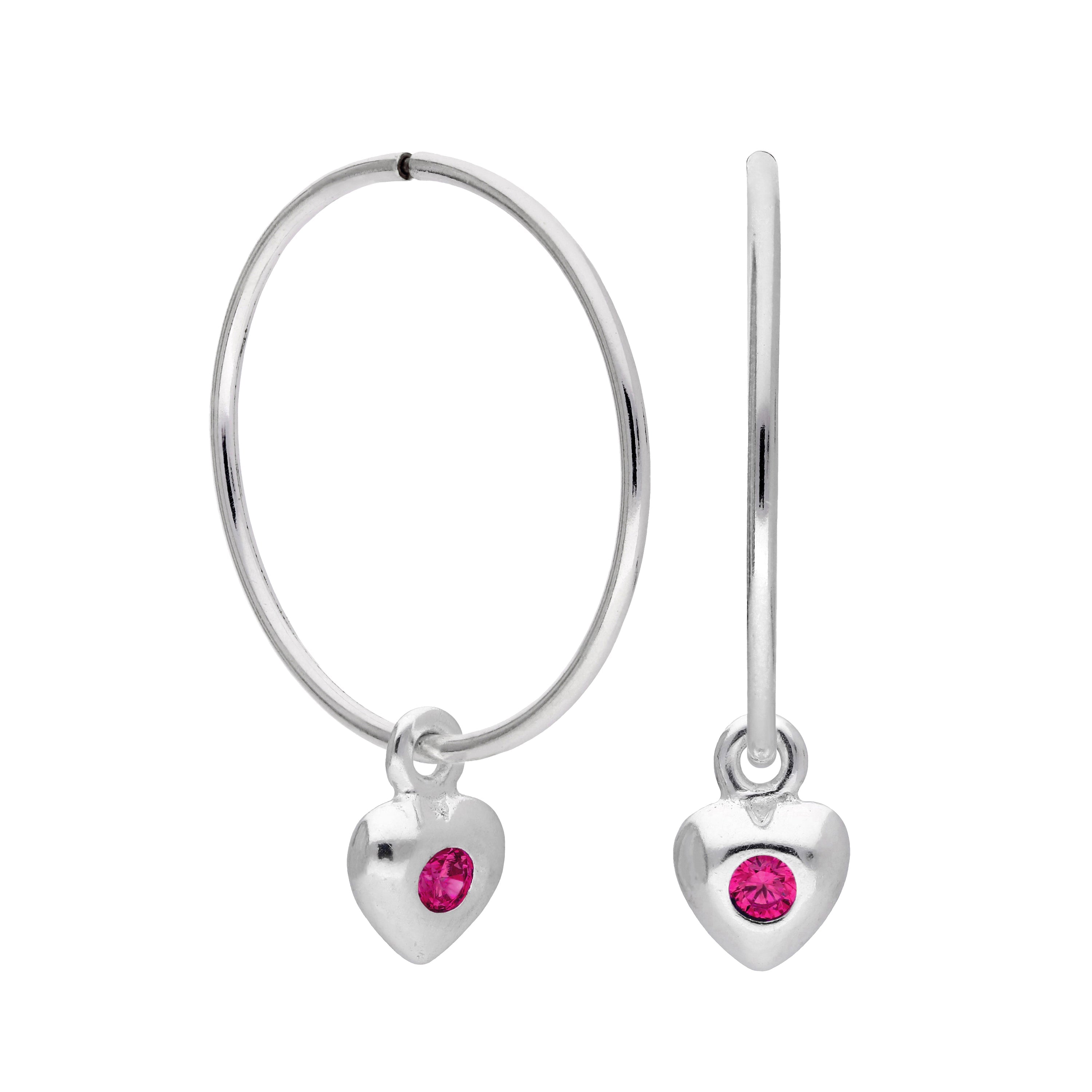 Sterling Silver CZ Crystal Birthstone Heart 10 - 22mm Sleeper Hoop Earrings