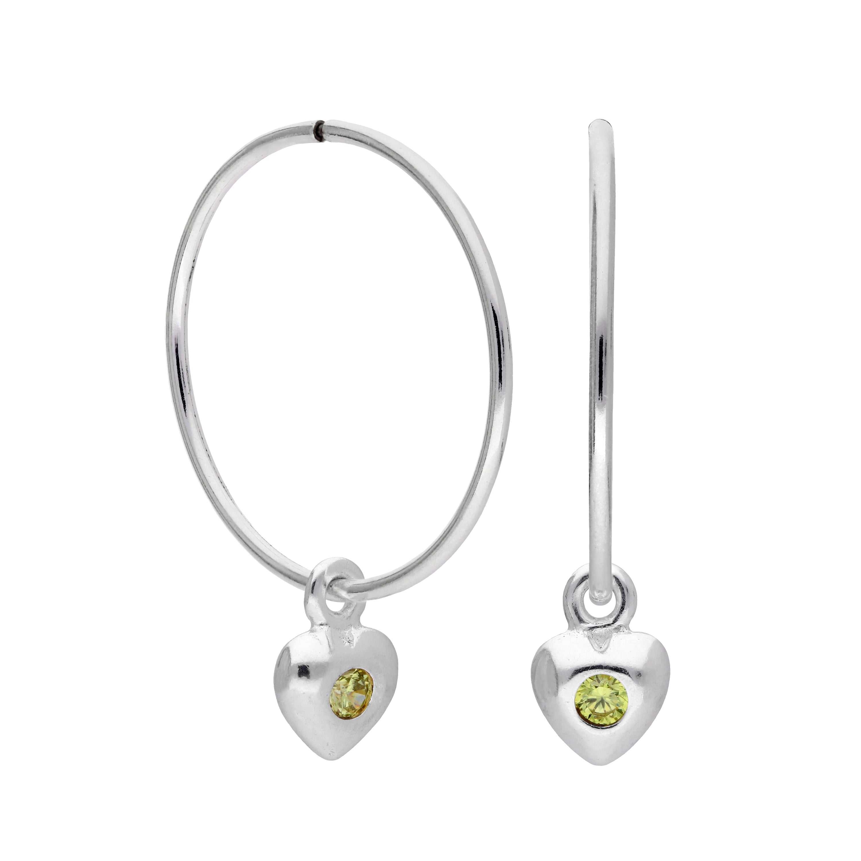 Sterling Silver CZ Crystal Birthstone Heart 10 - 22mm Sleeper Hoop Earrings