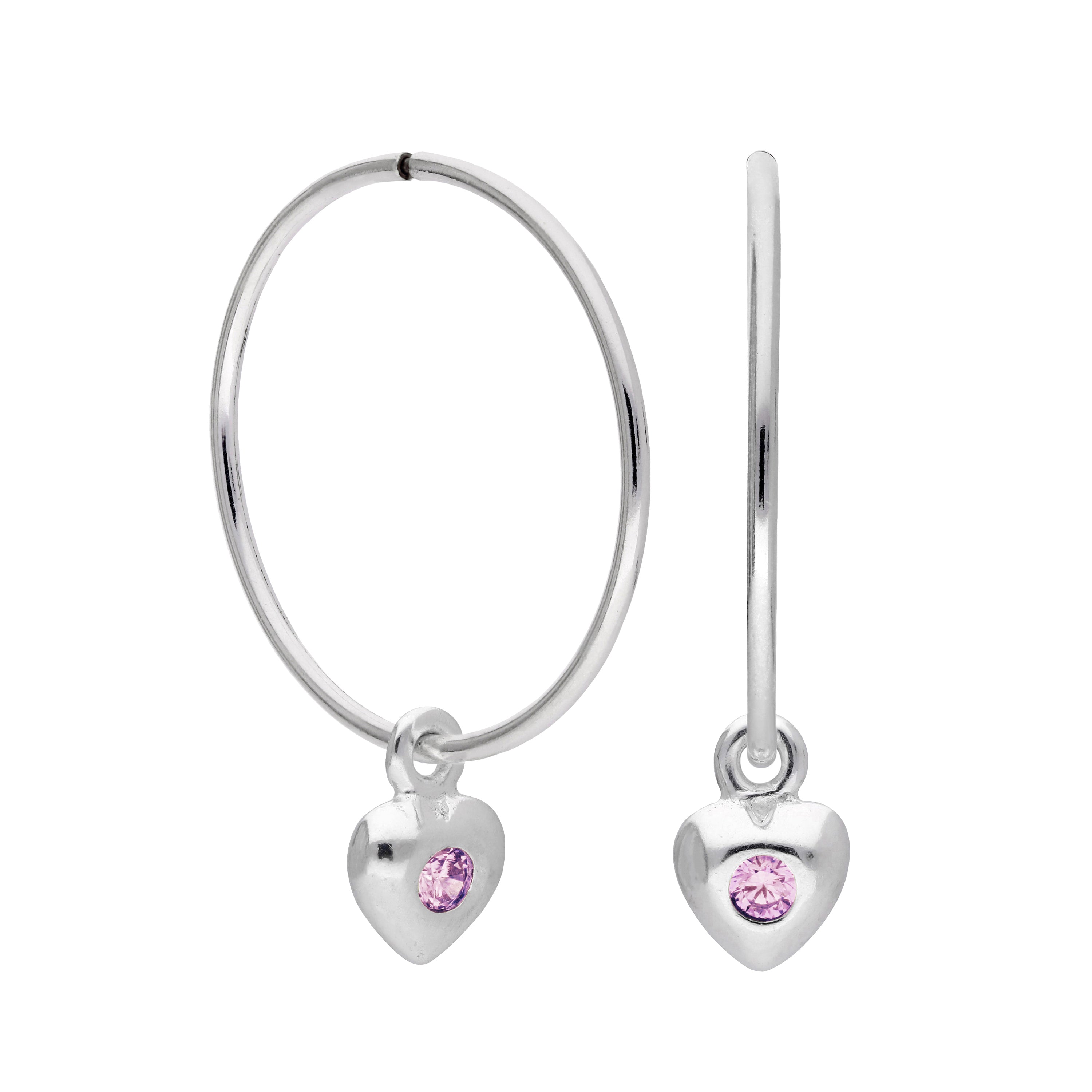Sterling Silver CZ Crystal Birthstone Heart 10 - 22mm Sleeper Hoop Earrings