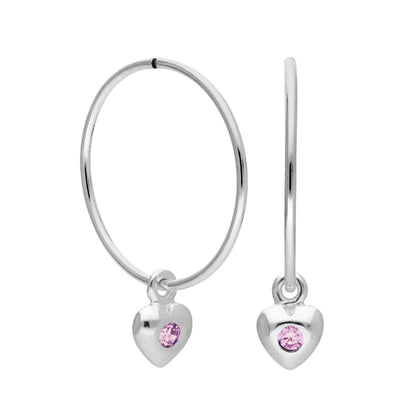Sterling Silver CZ Crystal Birthstone Heart 10 - 22mm Sleeper Hoop Earrings
