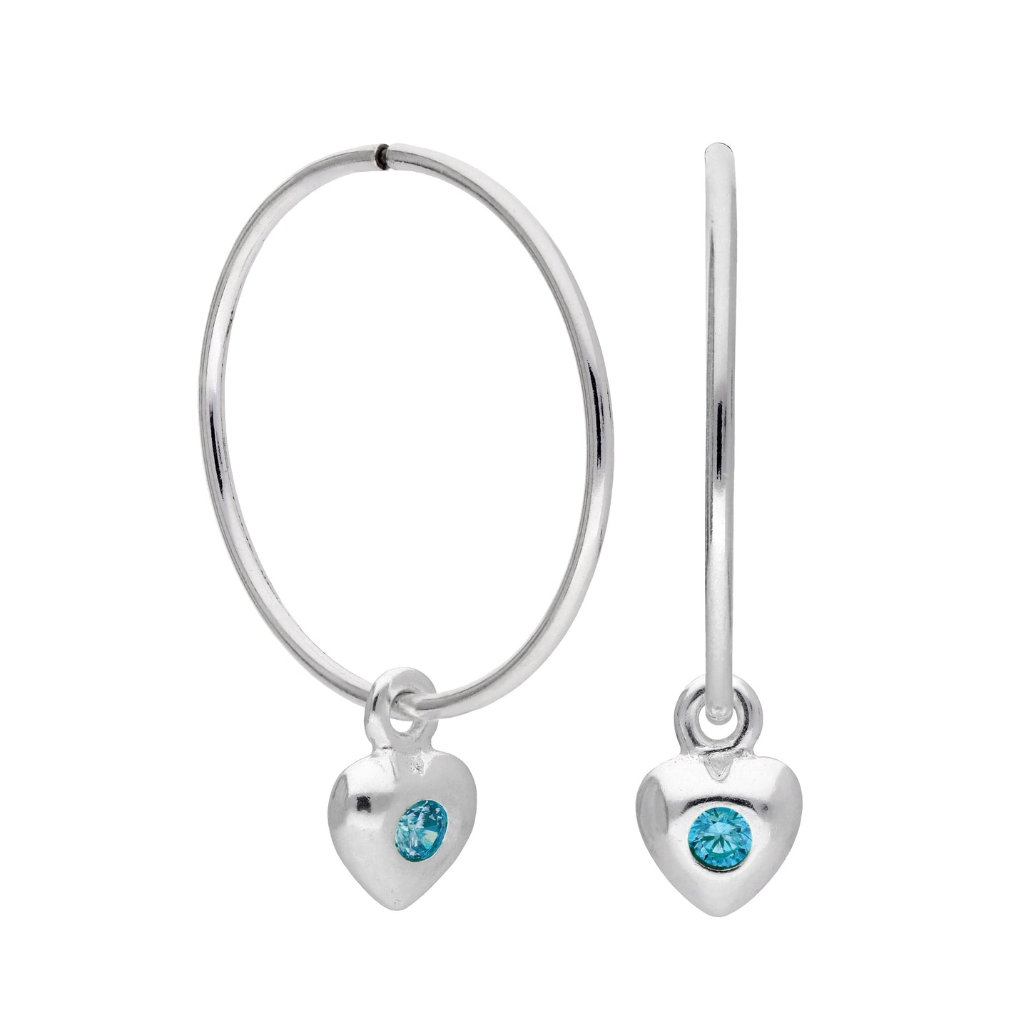Sterling Silver CZ Crystal Birthstone Heart 10 - 22mm Sleeper Hoop Earrings