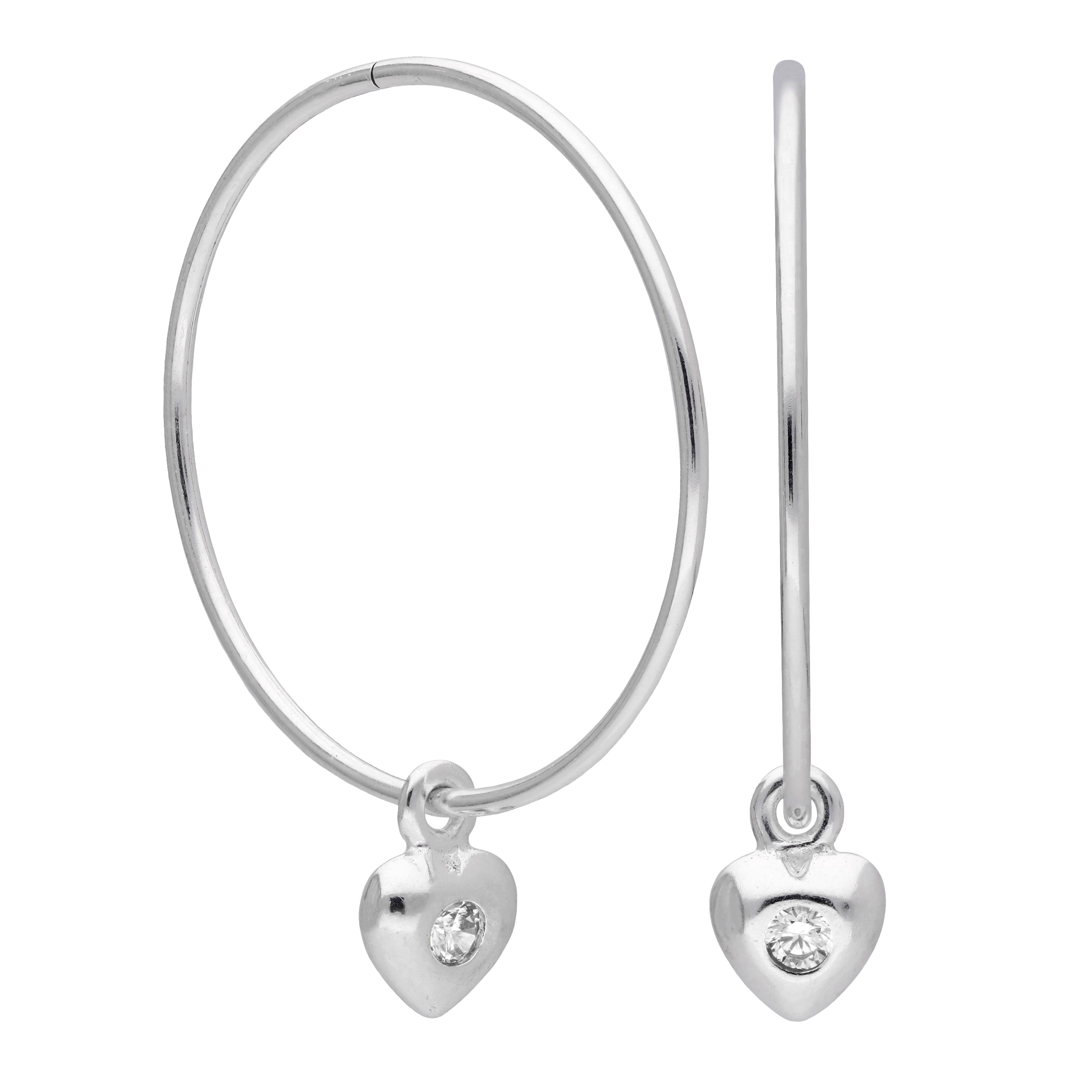 Sterling Silver CZ Crystal Birthstone Heart 10 - 22mm Sleeper Hoop Earrings