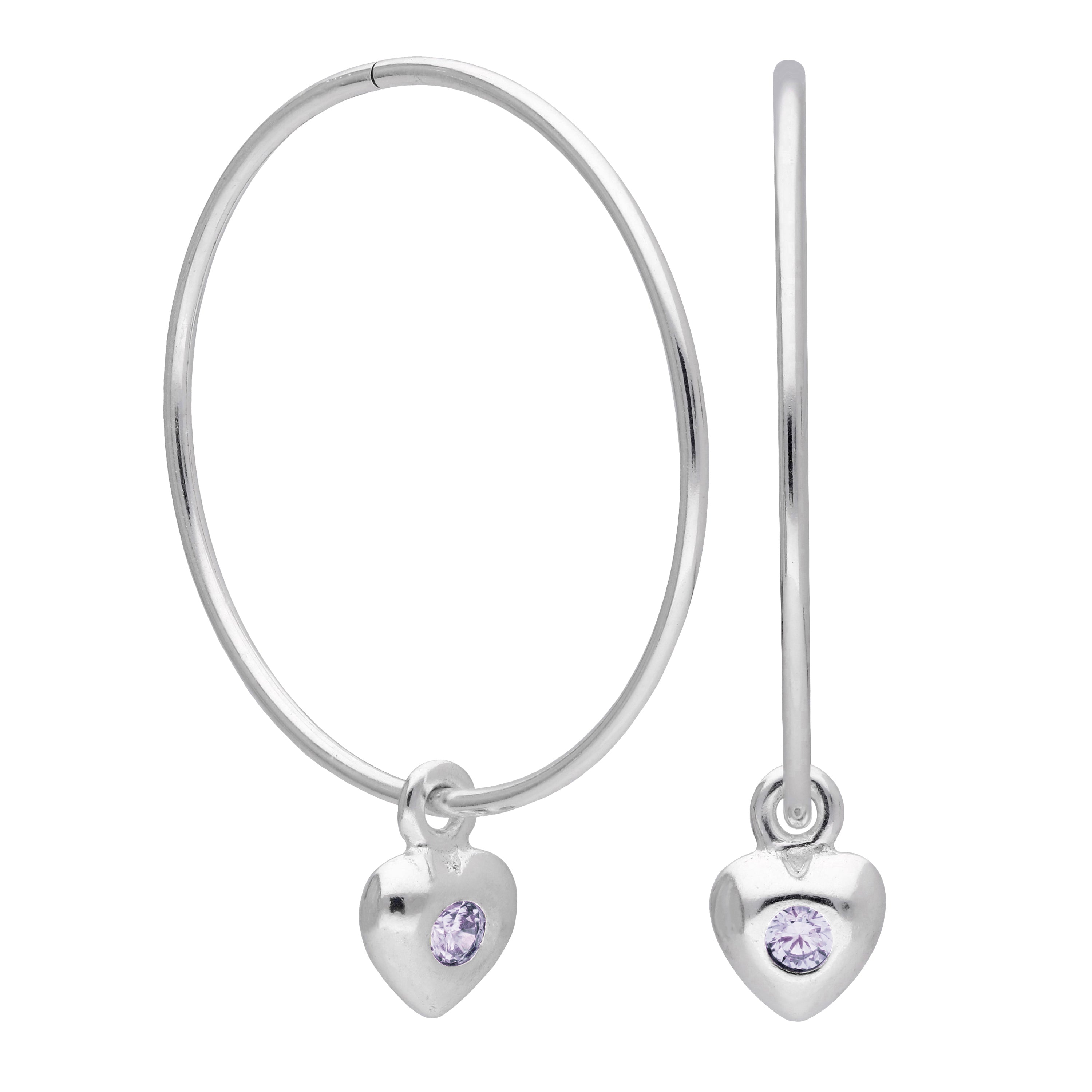 Sterling Silver CZ Crystal Birthstone Heart 10 - 22mm Sleeper Hoop Earrings