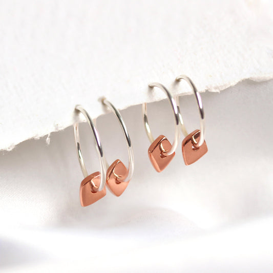 Rose Gold Plated Sterling Silver Thin Nugget Bead 12 - 22mm Sleeper Hoop Earrings