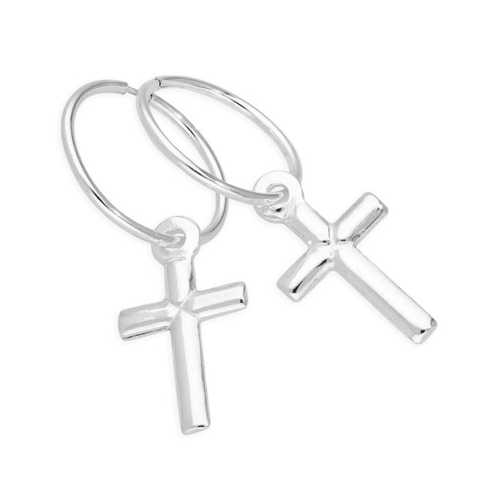 Sterling Silver Plain Cross 12 - 22mm Sleeper Hoop Earrings