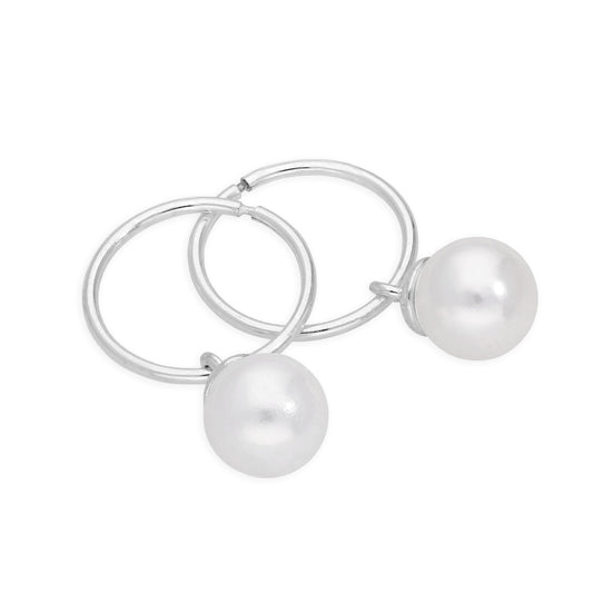 Sterling Silver Pearl 12 - 22mm Sleeper Hoop Earrings