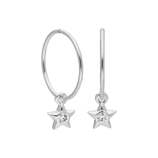 Sterling Silver CZ Crystal Star 10 - 22mm Sleeper Hoop Earrings