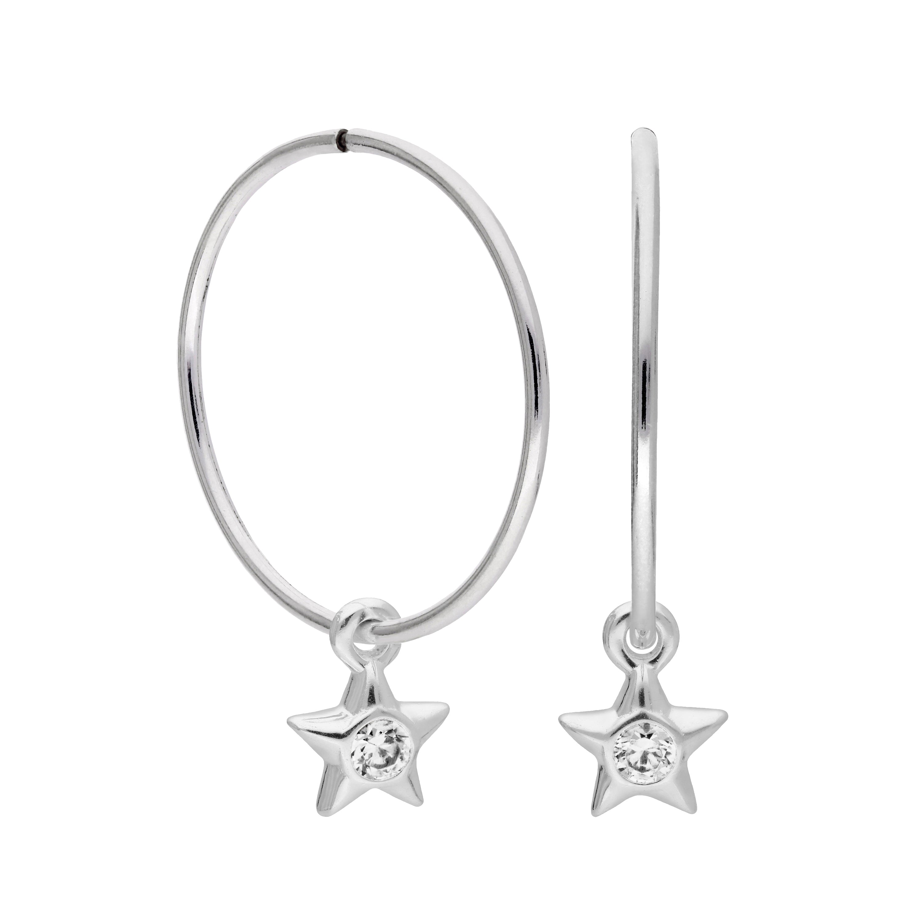 Sterling Silver CZ Crystal Star 10 - 22mm Sleeper Hoop Earrings