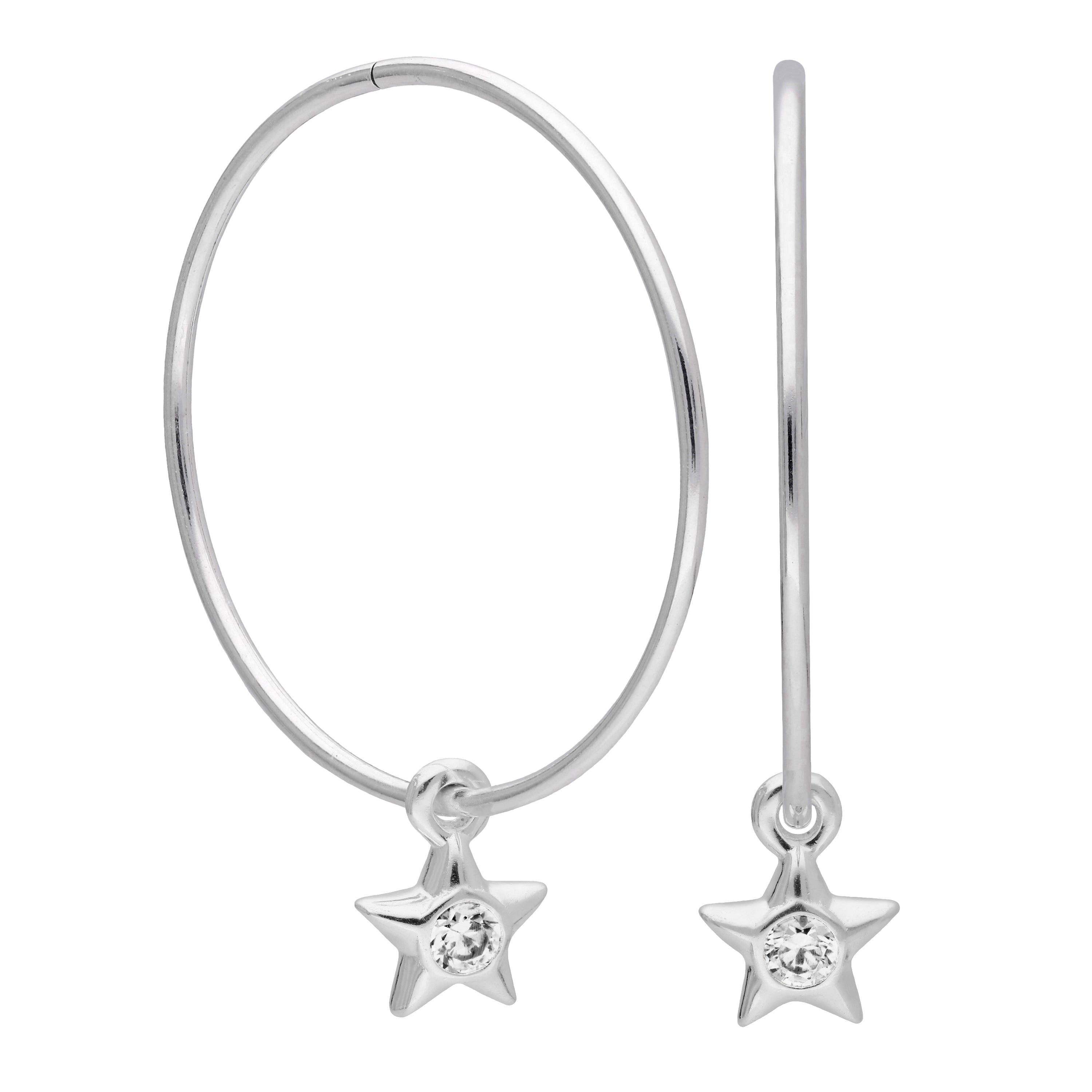 Sterling Silver CZ Crystal Star 10 - 22mm Sleeper Hoop Earrings