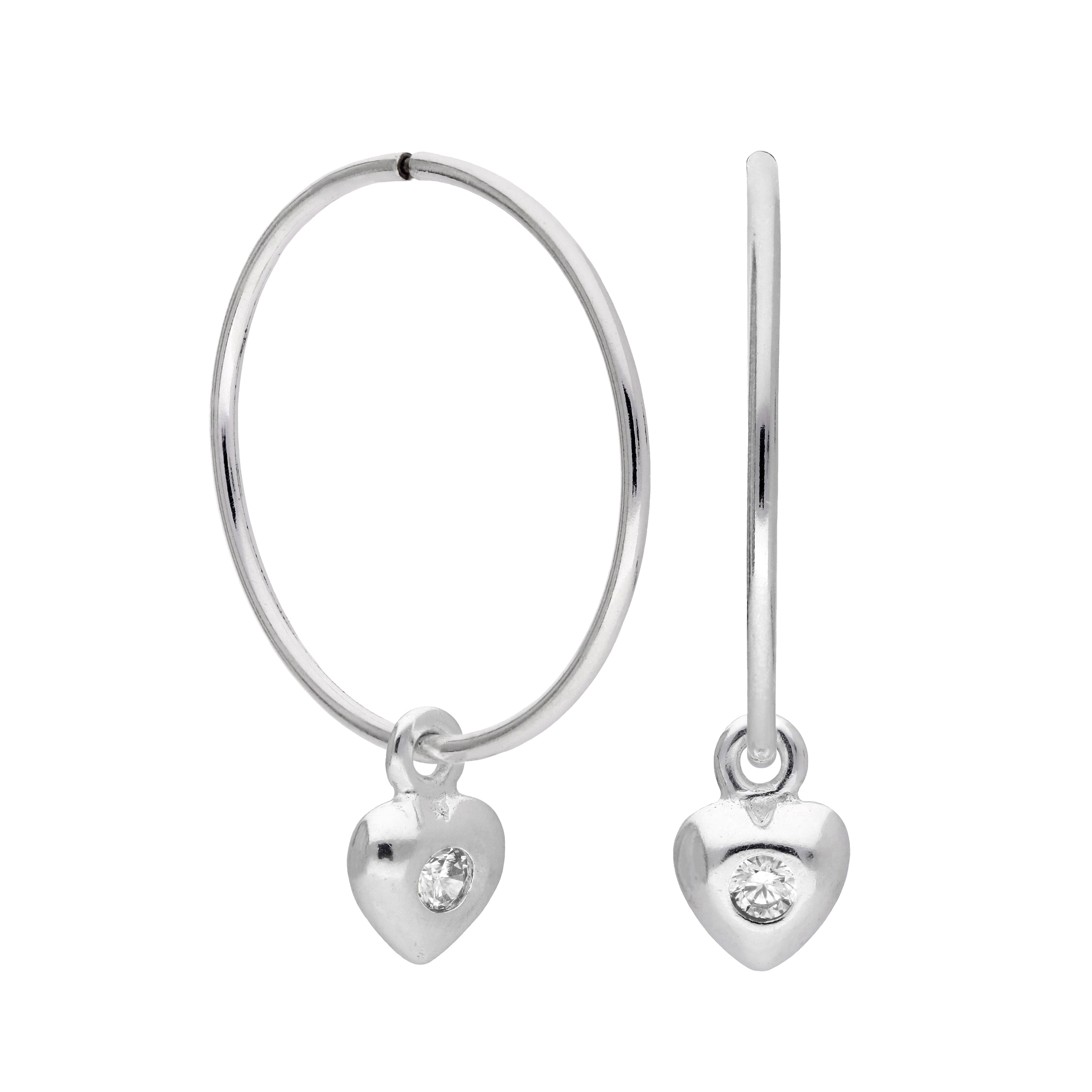 Sterling Silver CZ Crystal Heart 10 - 22mm Sleeper Hoop Earrings